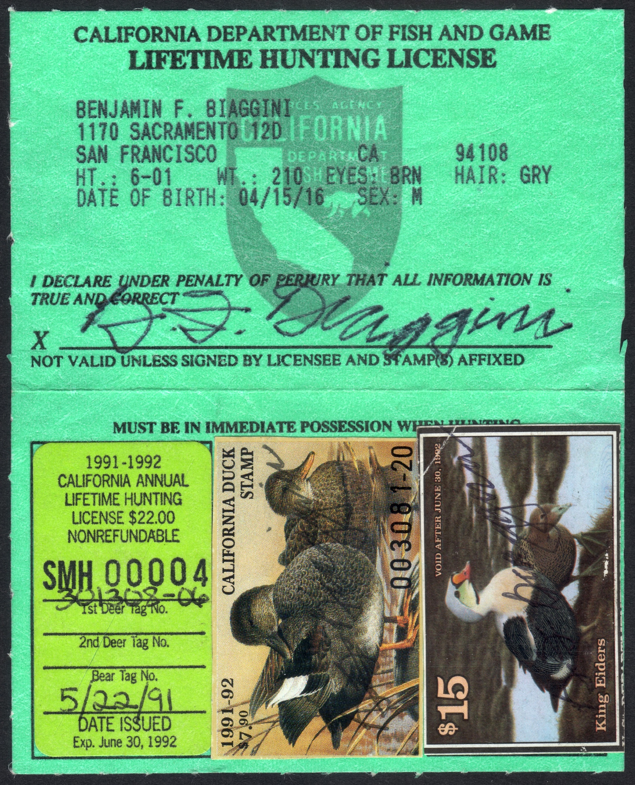 1991-92 California Lifetime Hunting Stamp on License