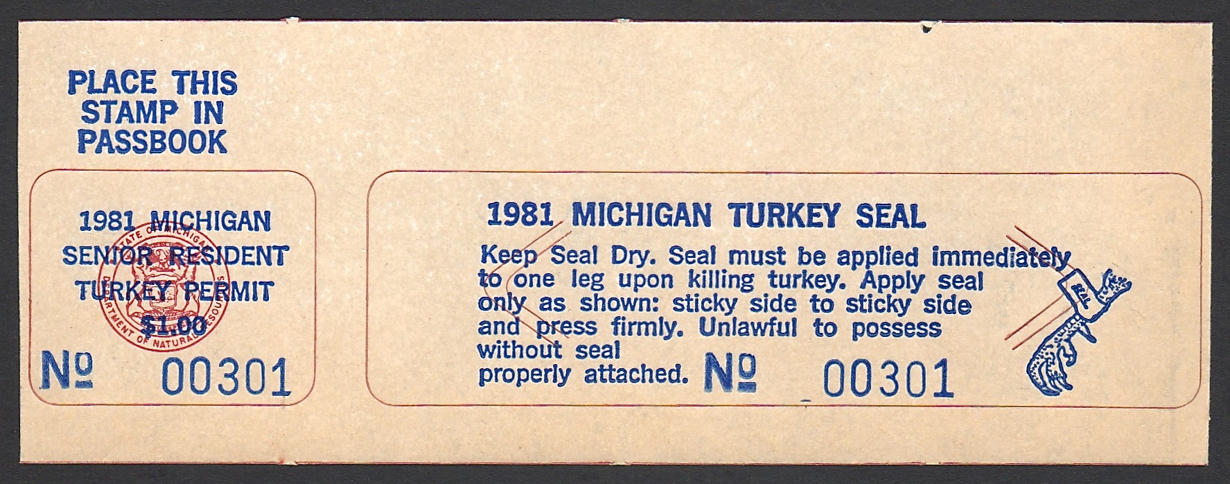 1981 Michigan Senior Resident Turkey with Tag