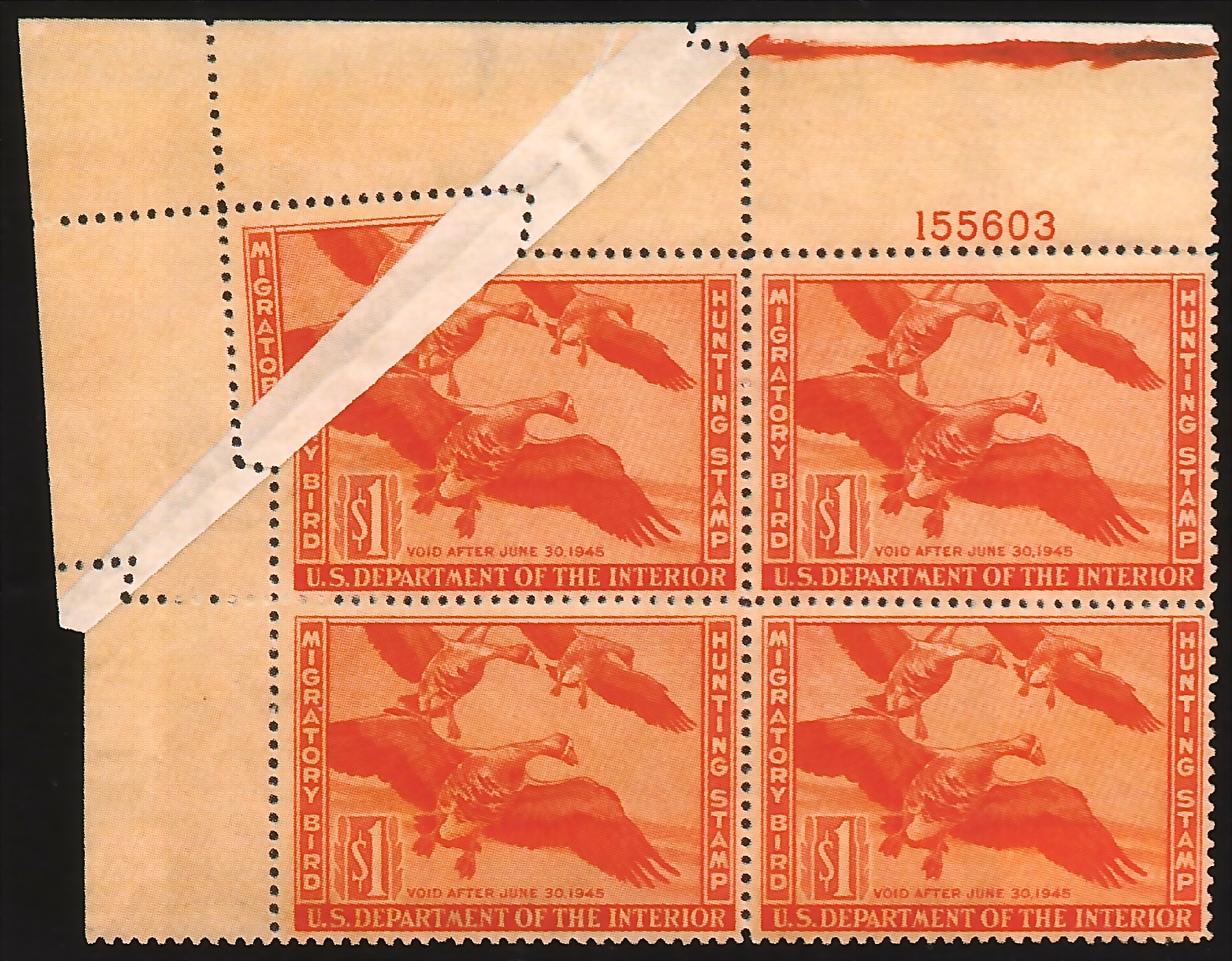RW11 (1944-45) UL Block of Four with Paper Fold