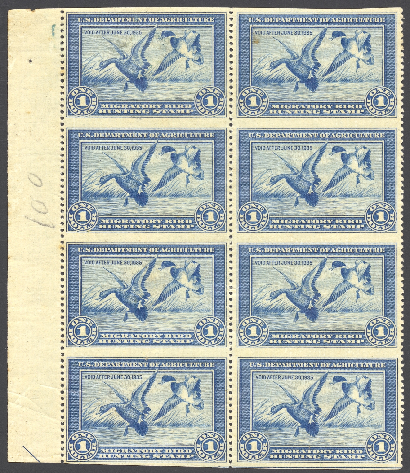 RW1 (1934-35) Bock of Eight Imperforate Horizontally with Gum on the Obverse (Type I)