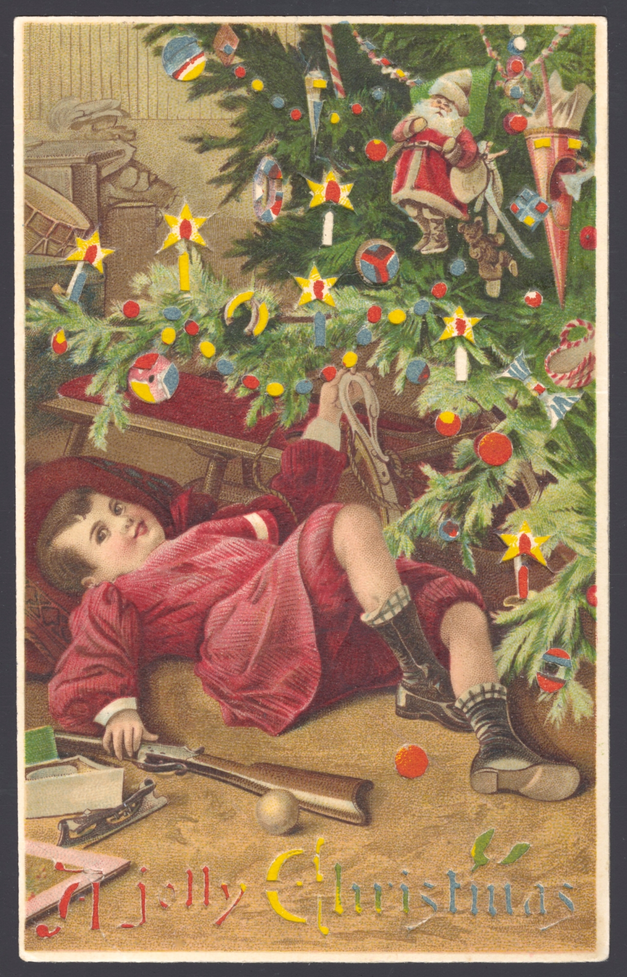 Santa and Boy. Lithographed in Germany (hold-to-light)