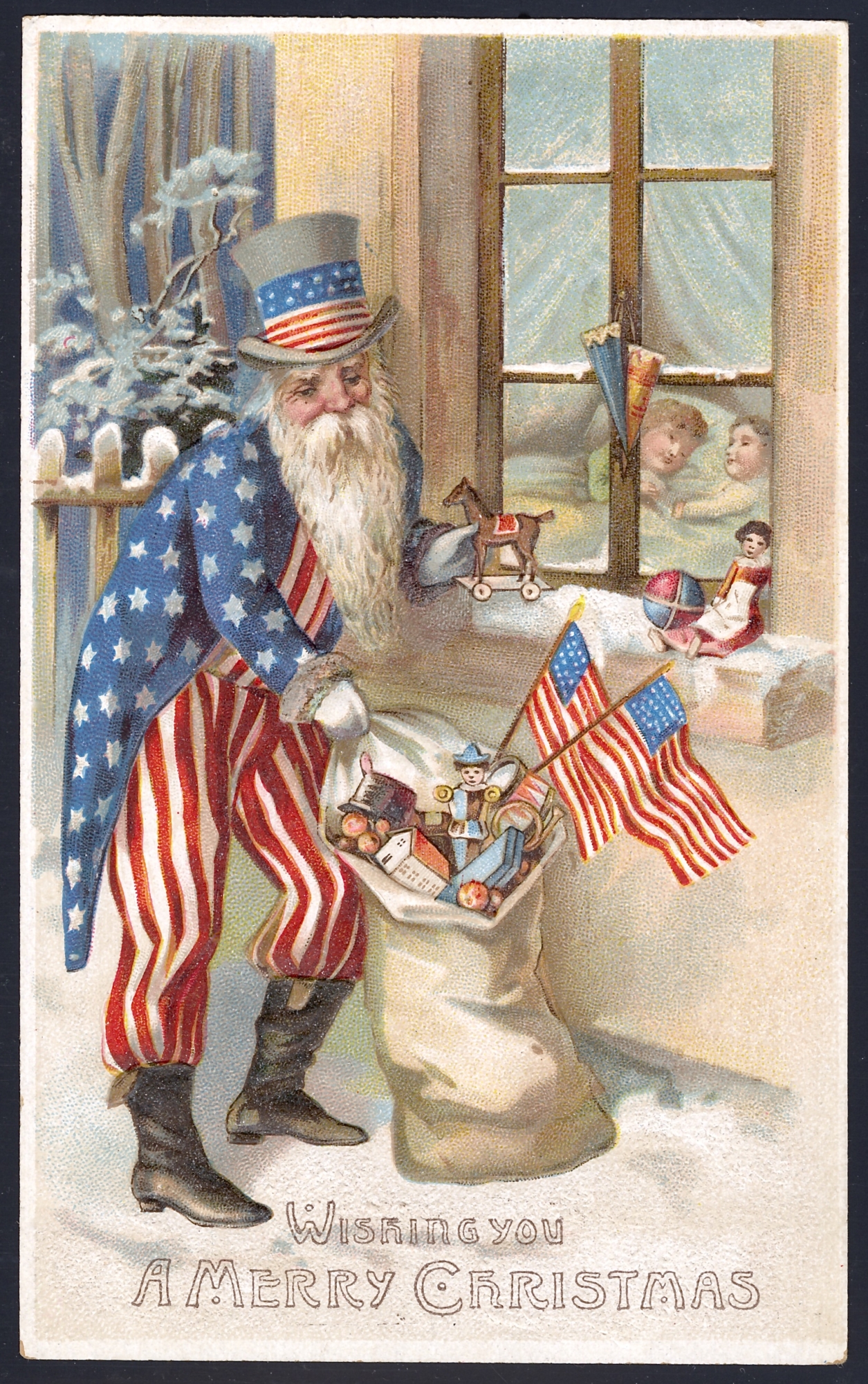 Uncle Sam Santa. Lithographed in Germany (embossed; variety)