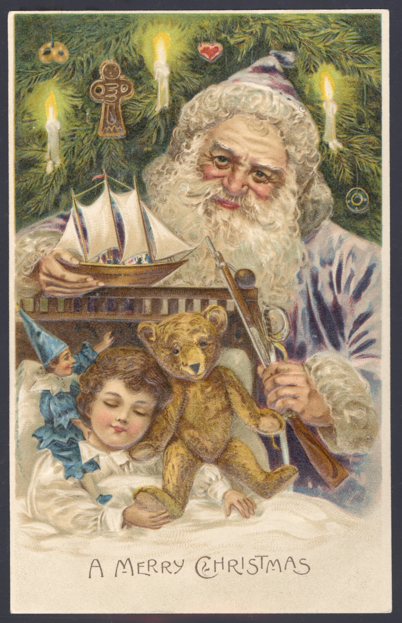 Santa wearing a purple robe. Lithographed in Germany (embossed)