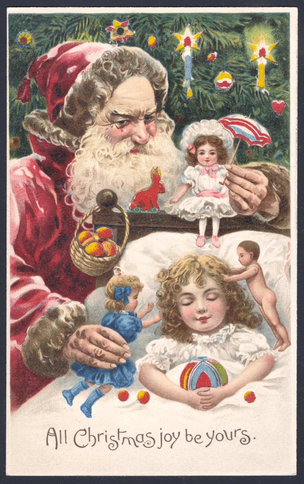 Santa wearing a red robe. Lithographed in Germany (die-cut hold-to-light)