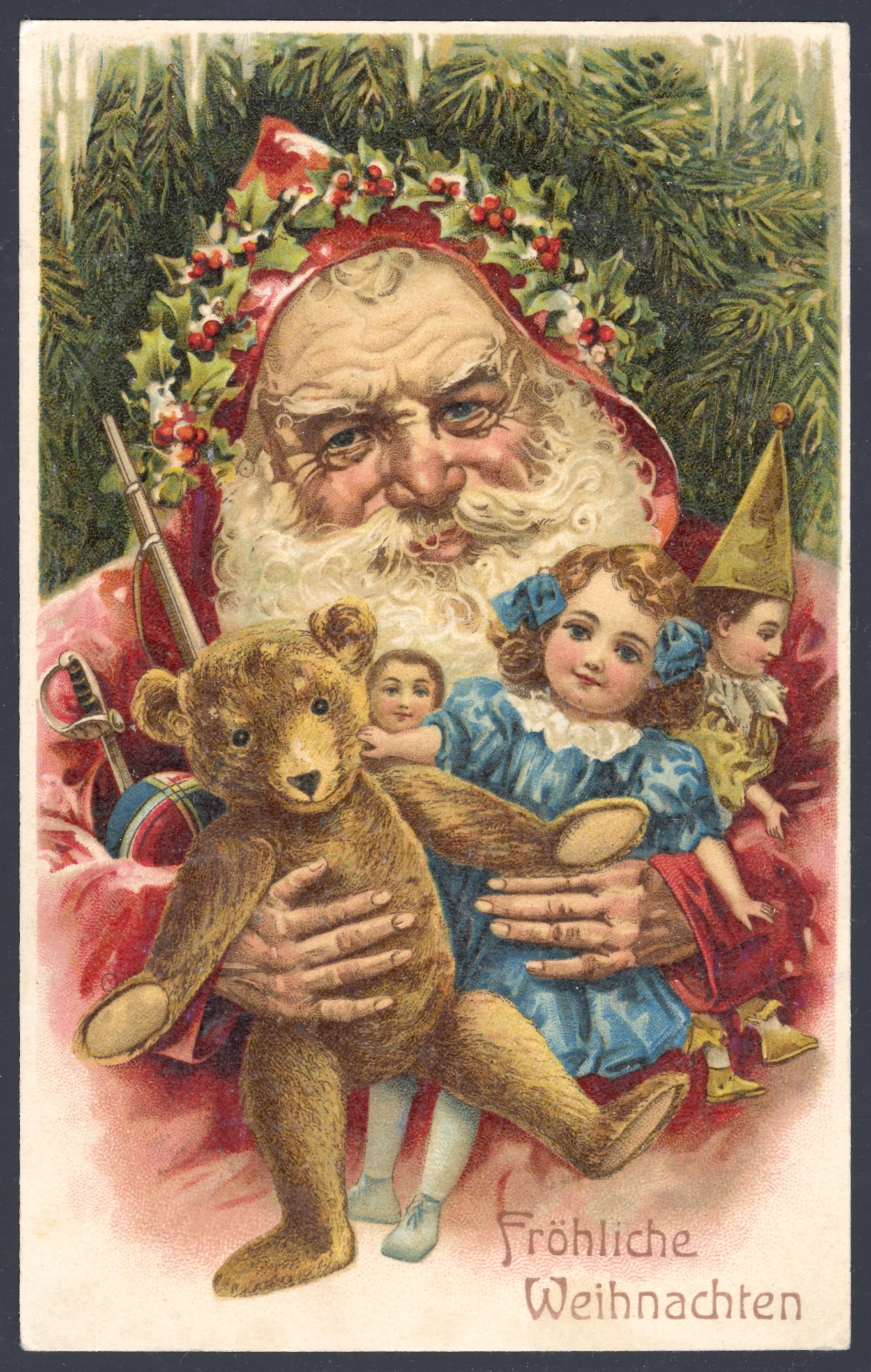 Santa wearing a red robe. Lithographed in Germany (embossed; Merry Christmas in German)