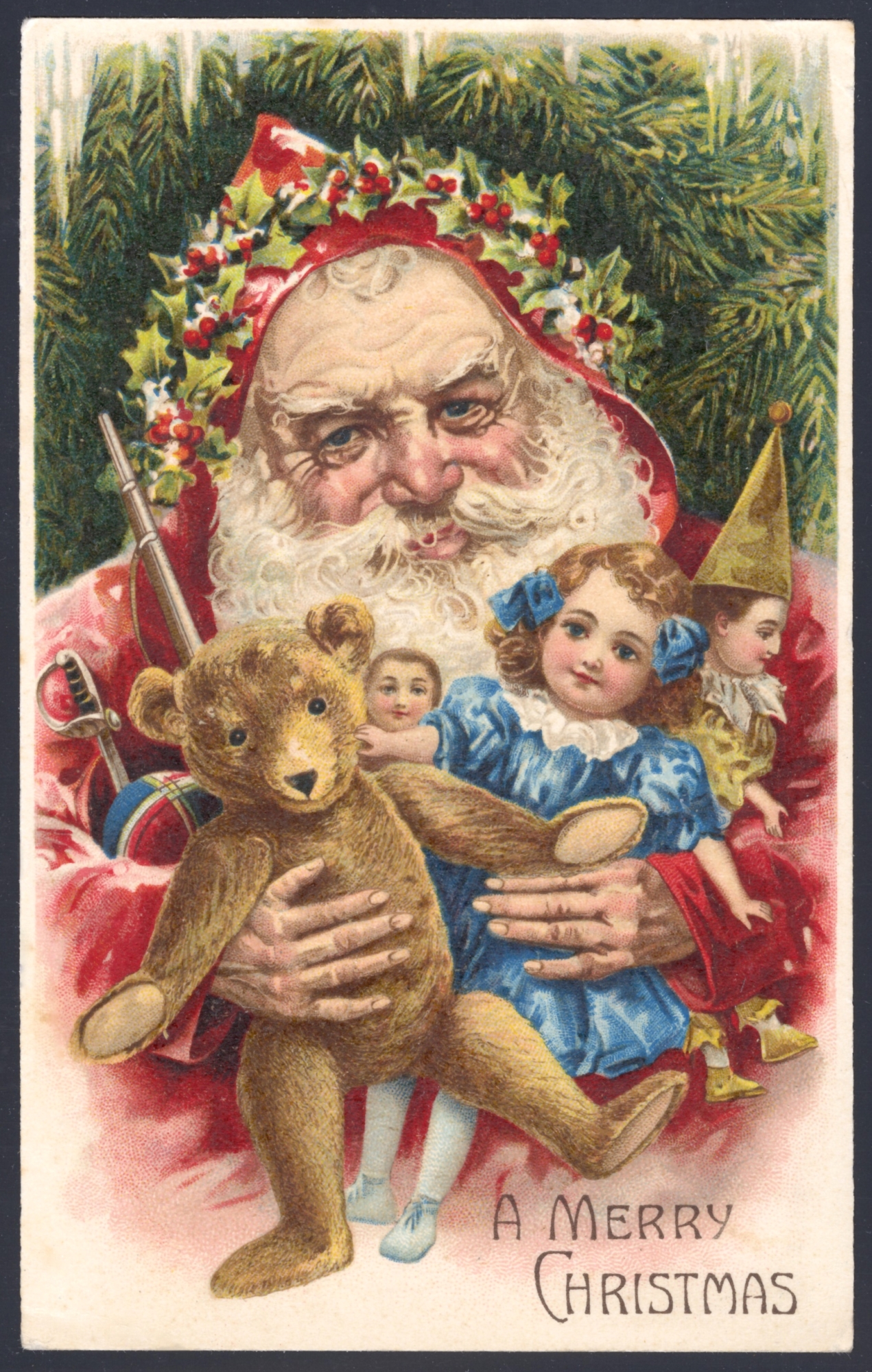 Santa wearing a red robe. Lithographed in Germany (flat)