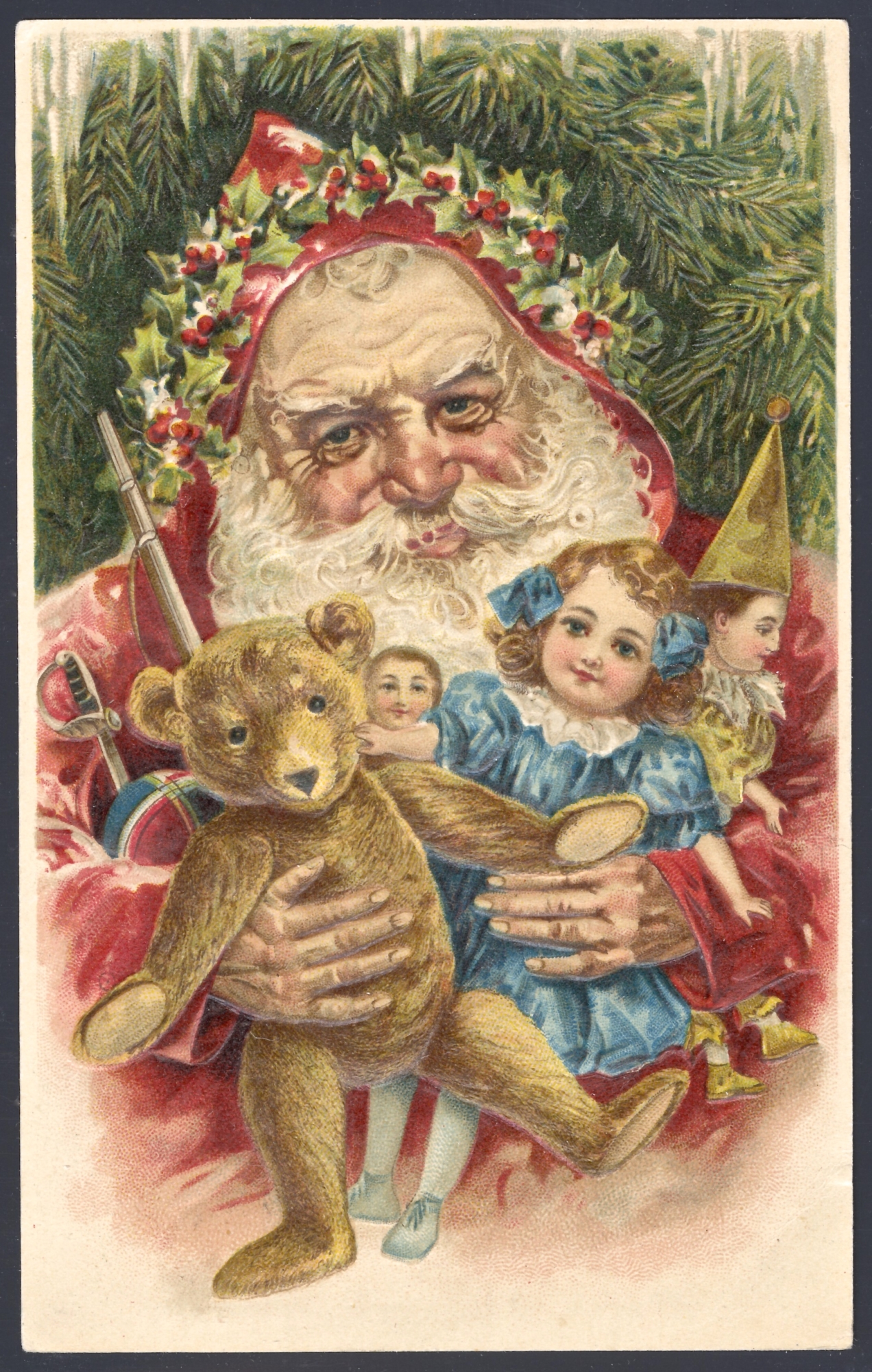 Santa wearing a red robe. Lithographed in Germany (embossed; no caption)