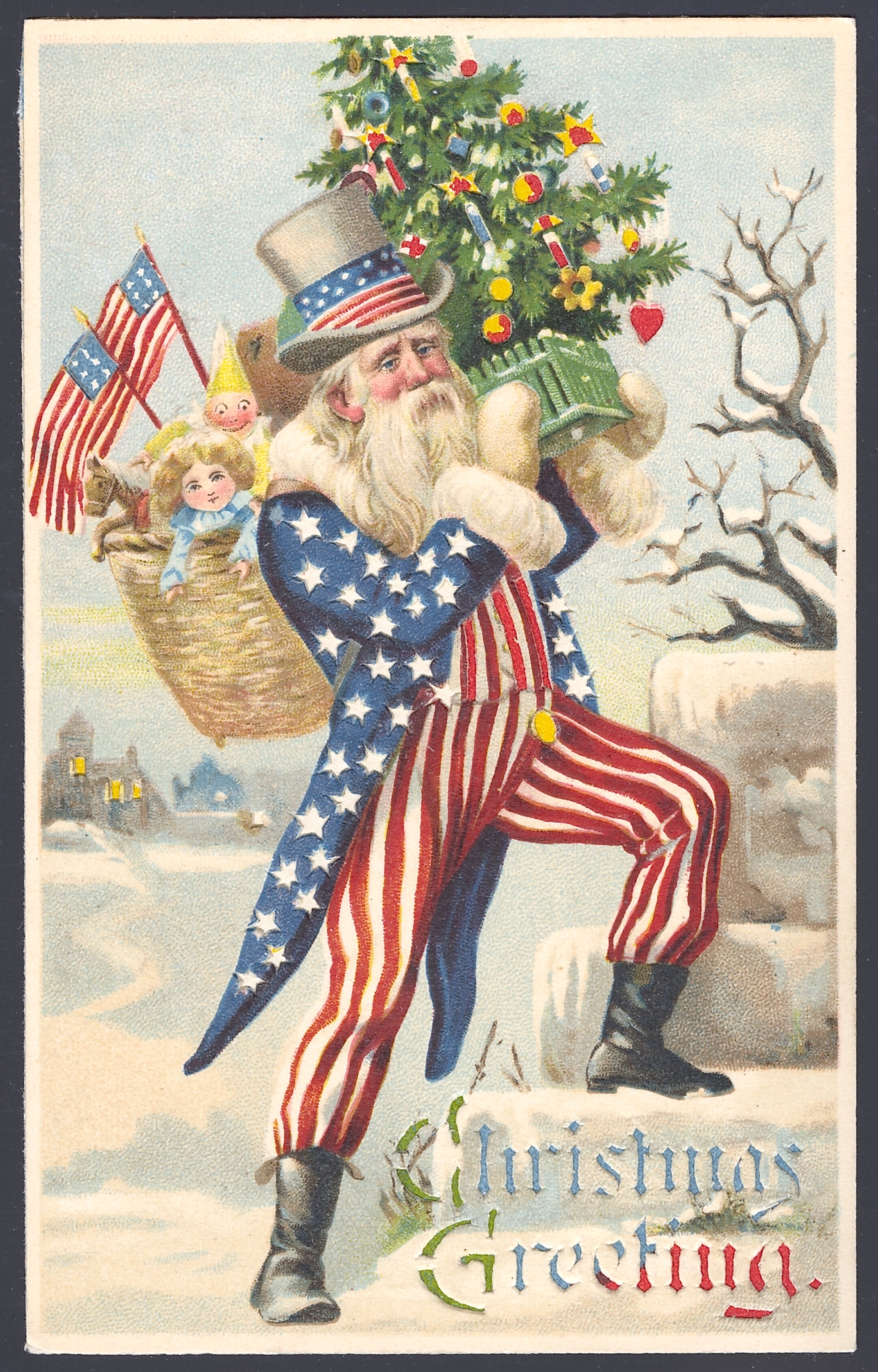 Uncle Sam Santa. Lithographed in Germany (die-cut hold-to-light)
