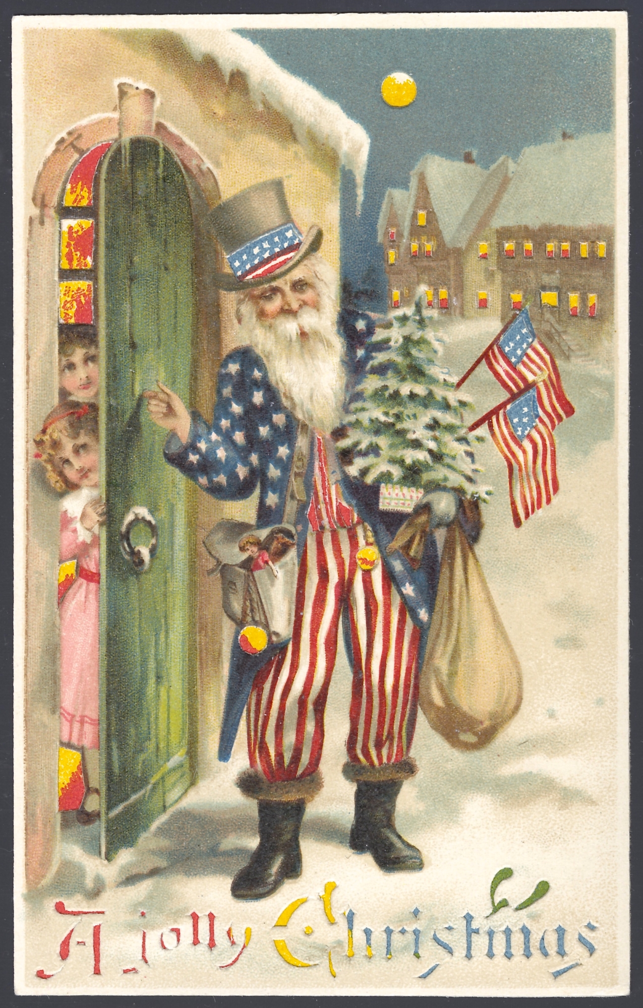 Uncle Sam Santa. Lithographed in Germany (die-cut hold-to-light)