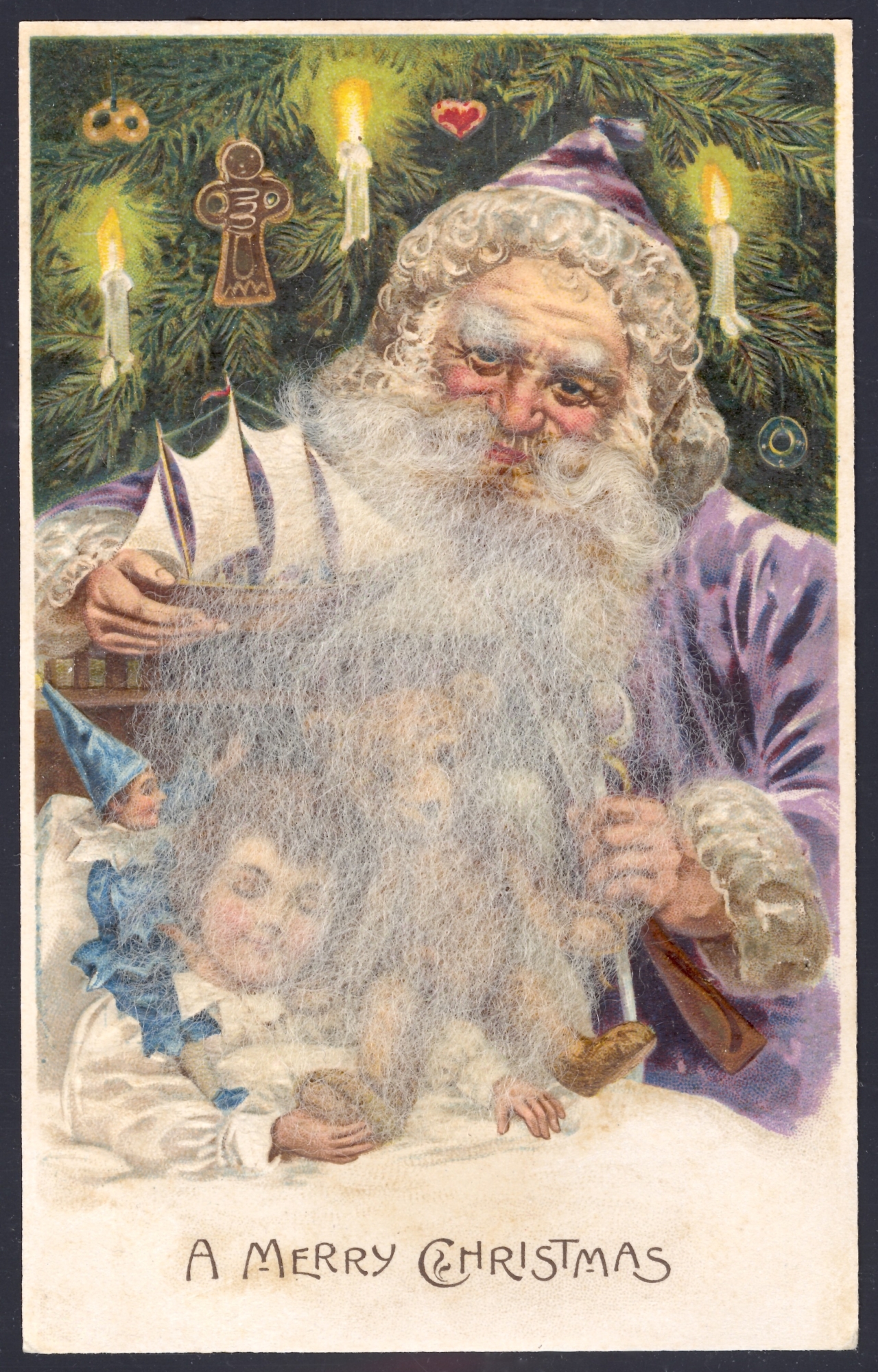 Santa wearing a purple robe. Lithographed in Germany (beard made from real hair)