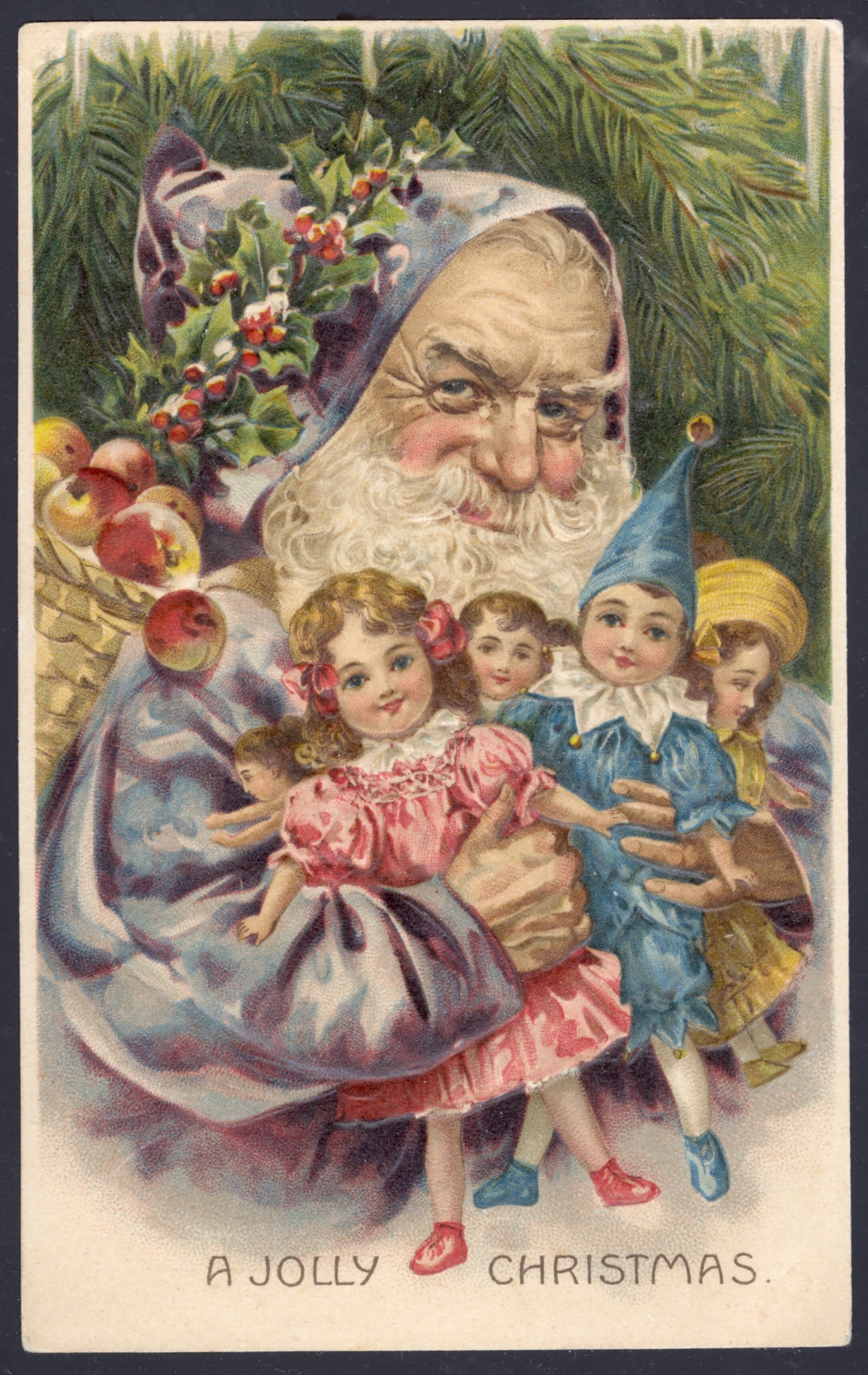 Santa wearing a blue robe. Lithographed in Germany (flat)