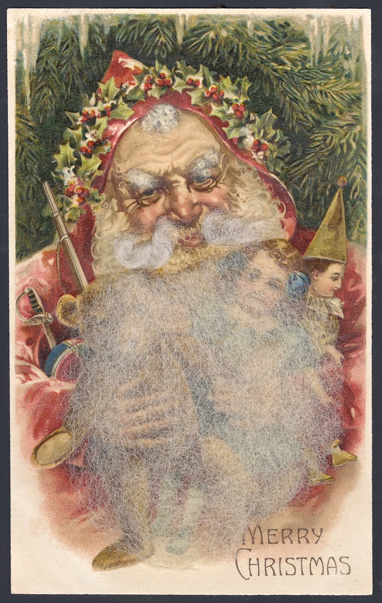 Santa wearing a red robe. Lithographed in Germany (beard made from real hair)