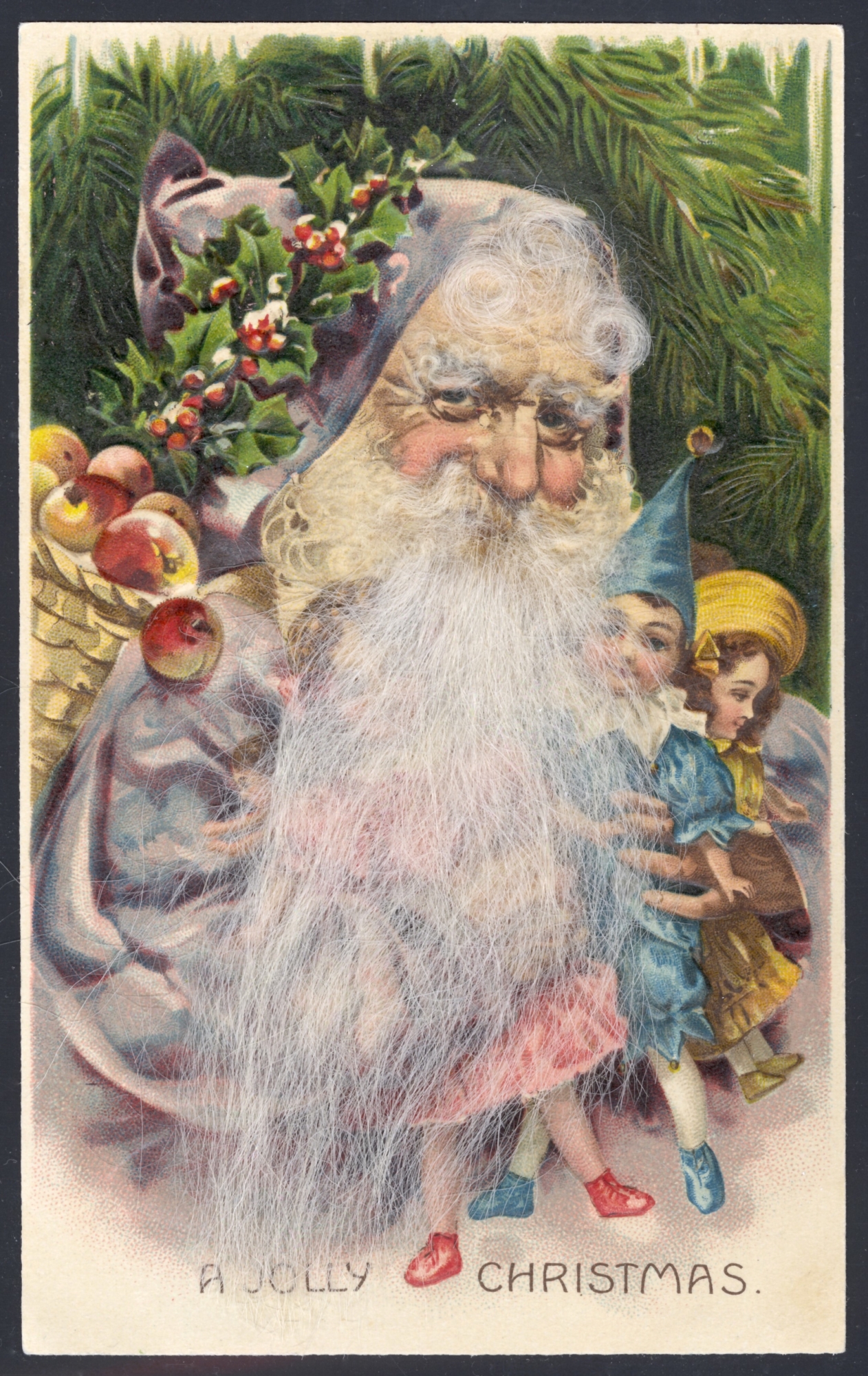 Santa wearing a blue robe. Lithographed in Germany (beard made from real hair)