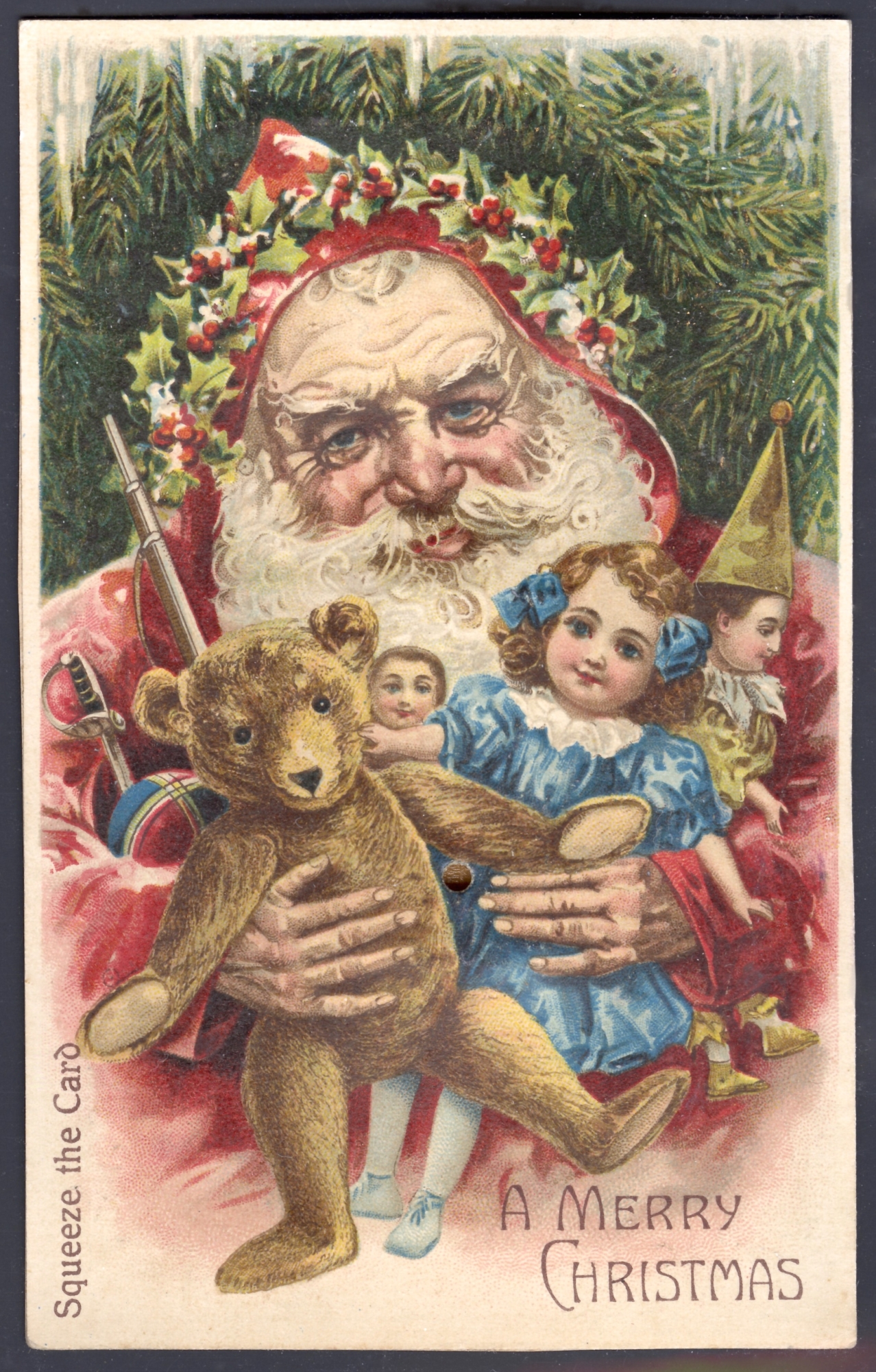 Santa wearing a red robe. Lithographed in Germany (squeaker)