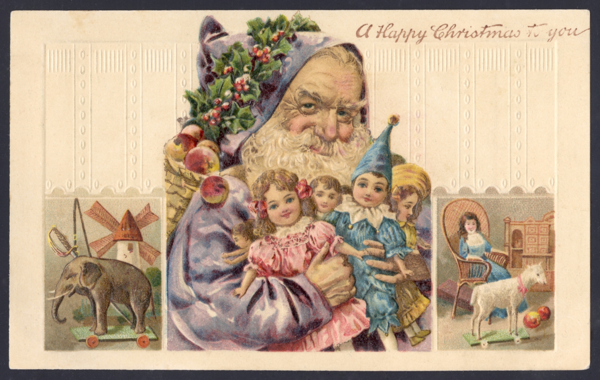 Santa wearing a purple-blue robe. Lithographed in Germany (embossed; variety)