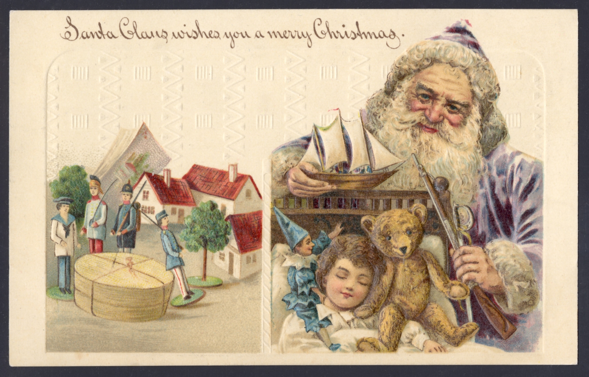 Santa wearing a purple robe. Lithographed in Germany (embossed; variety)