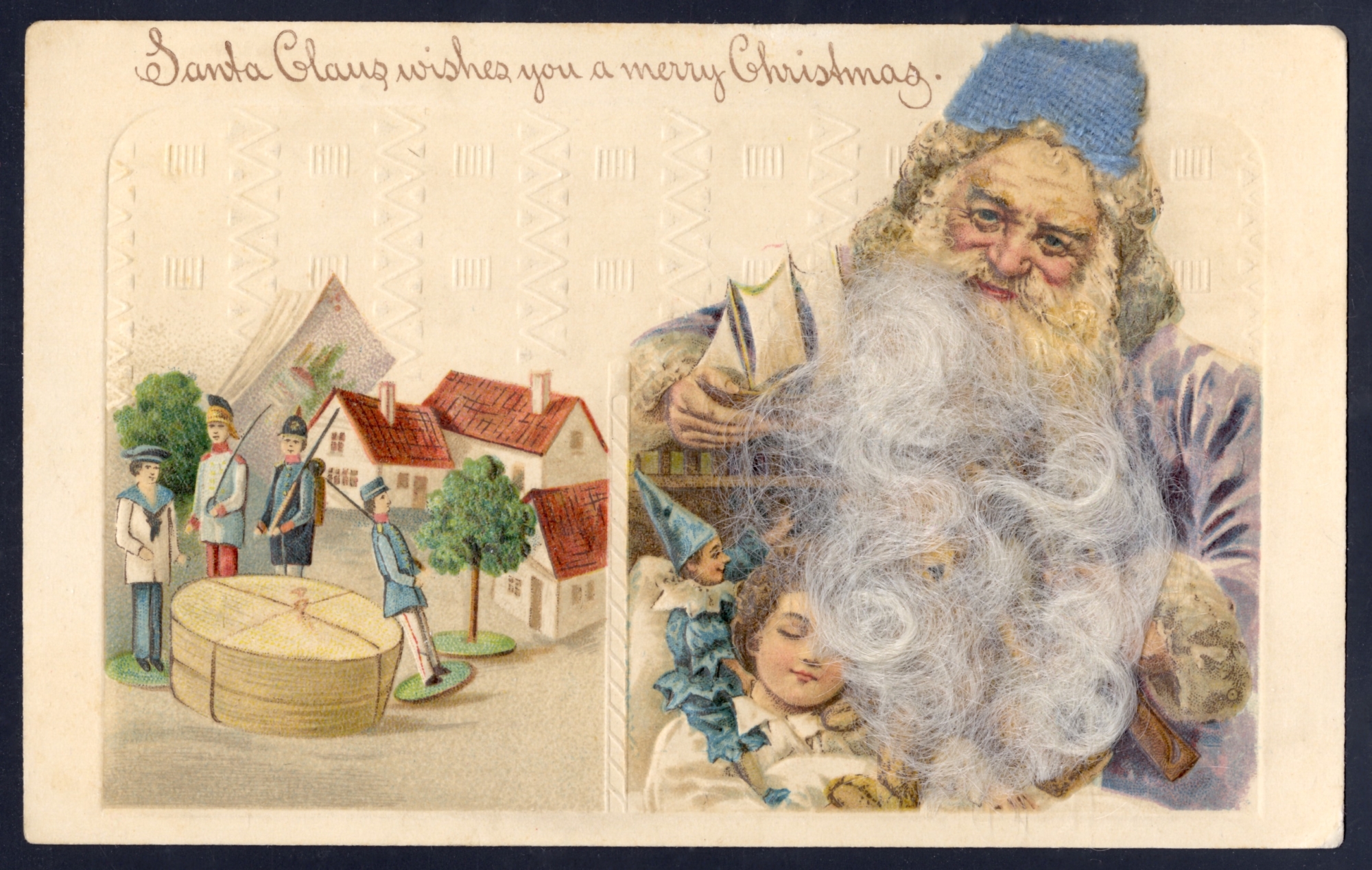 Santa wearing a purple robe. Lithographed in Germany (embossed; variety with real hair)
