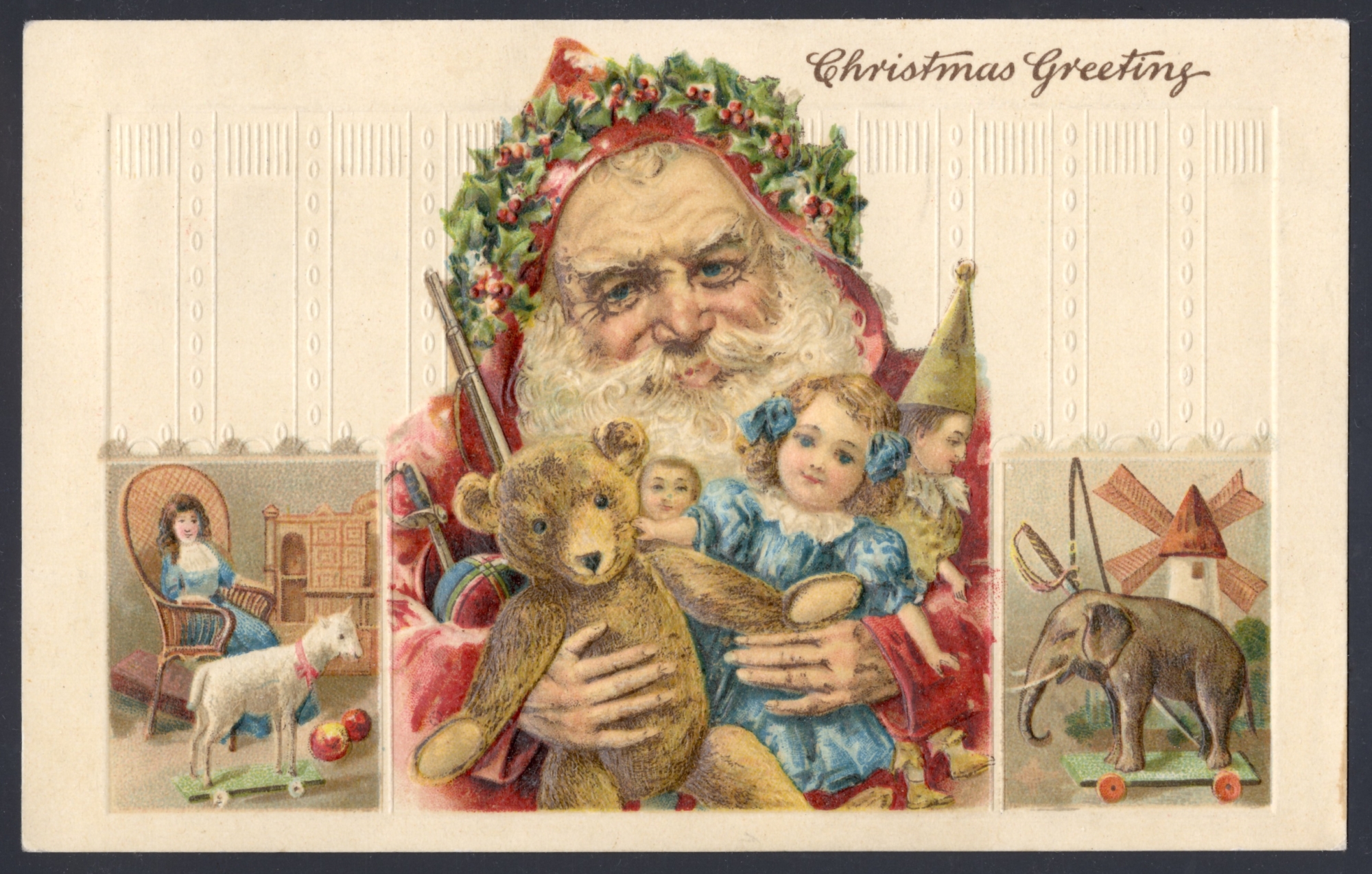 Santa wearing a red robe. Lithographed in Germany (embossed; variety)