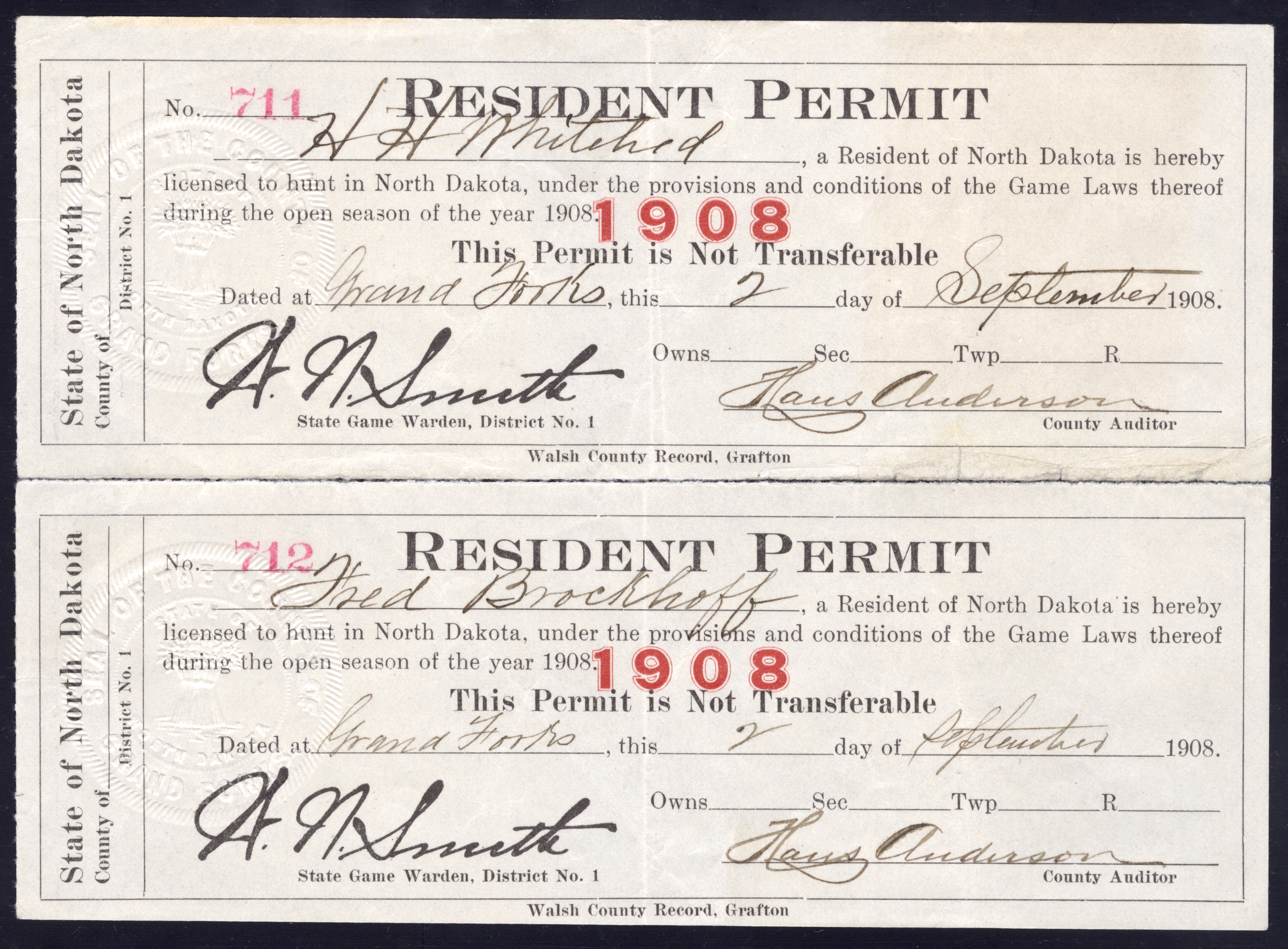 1908 North Dakota Resident Permit to Hunt, reconstructed pane of two