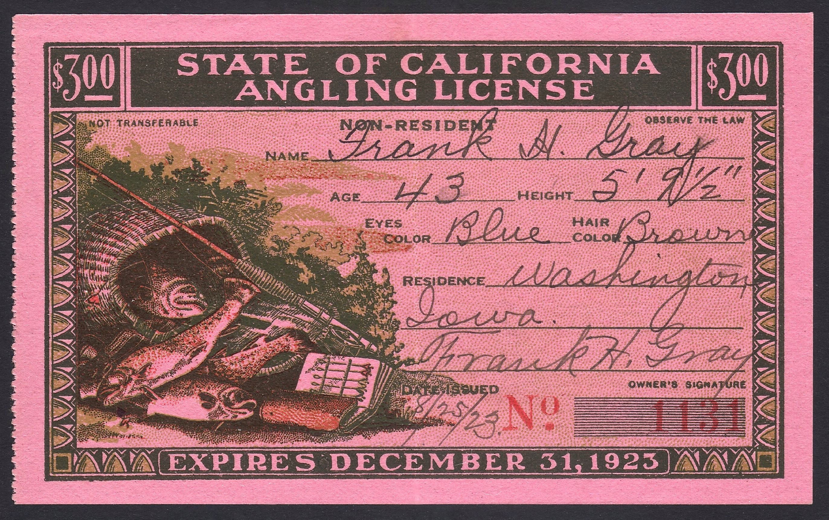 1923 California Non-Resident Angling License