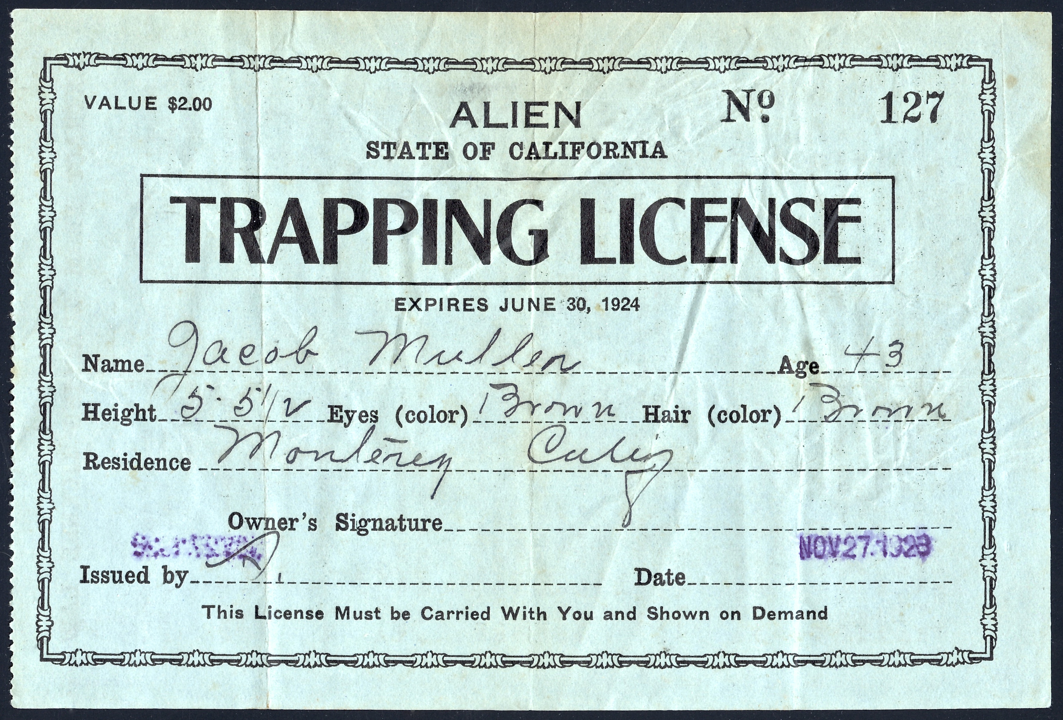 192324 Calfornia Alien Trapping License Waterfowl Stamps and More