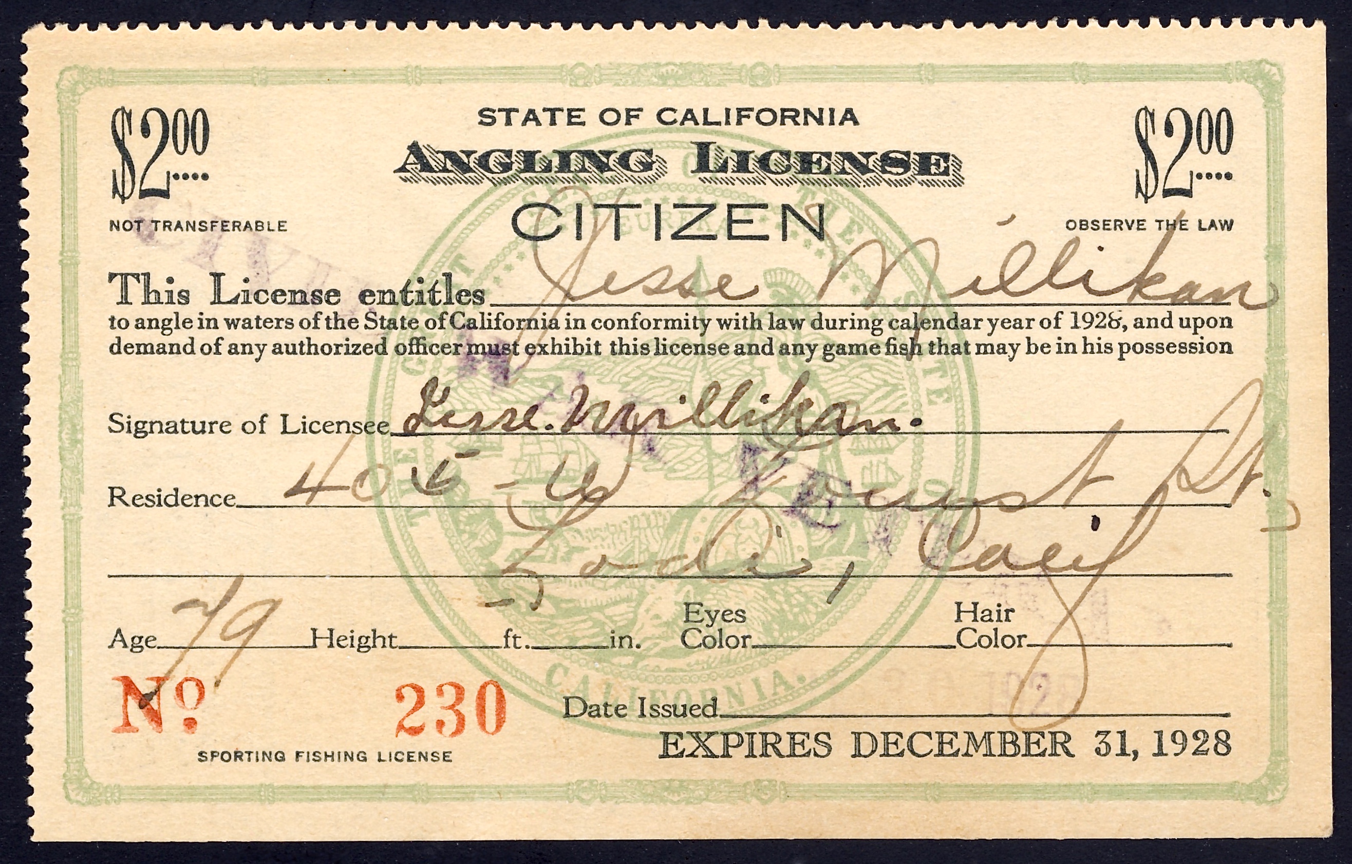 1928 California Citizen Angling License overprinted "Civil War Veteran"