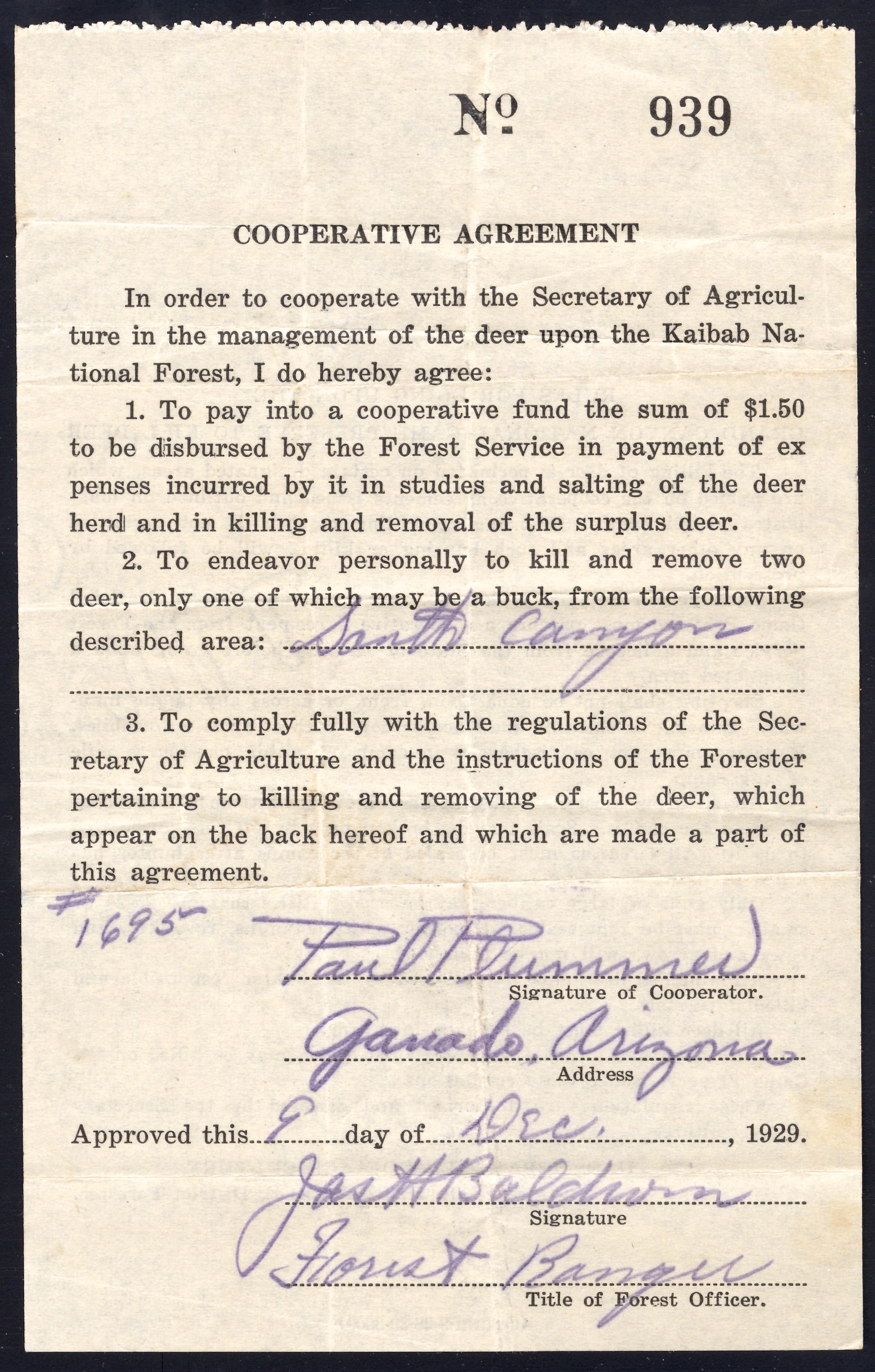 1929 Cooperative Agreement to hunt in the Grand Canyon
