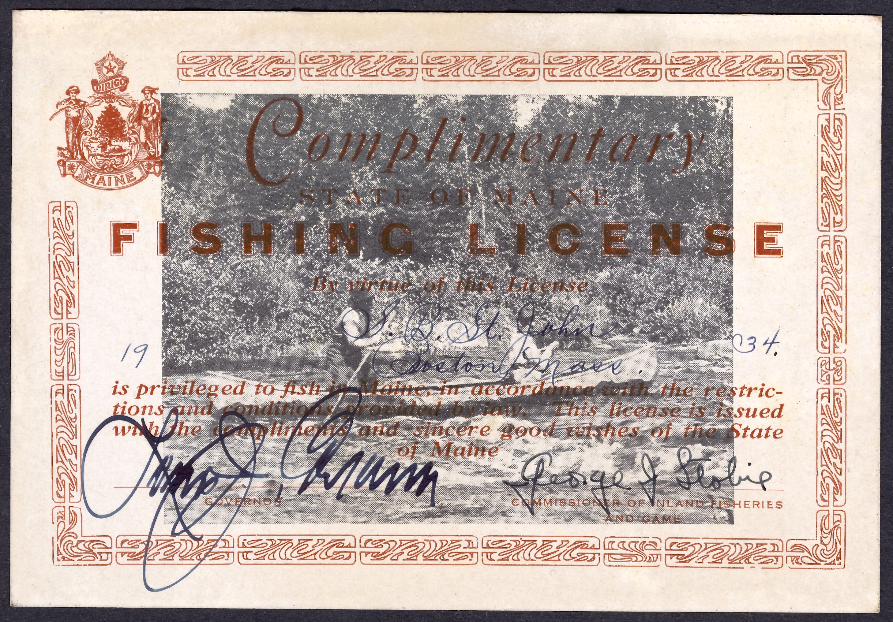 1934 Maine Complimentary Fishing License