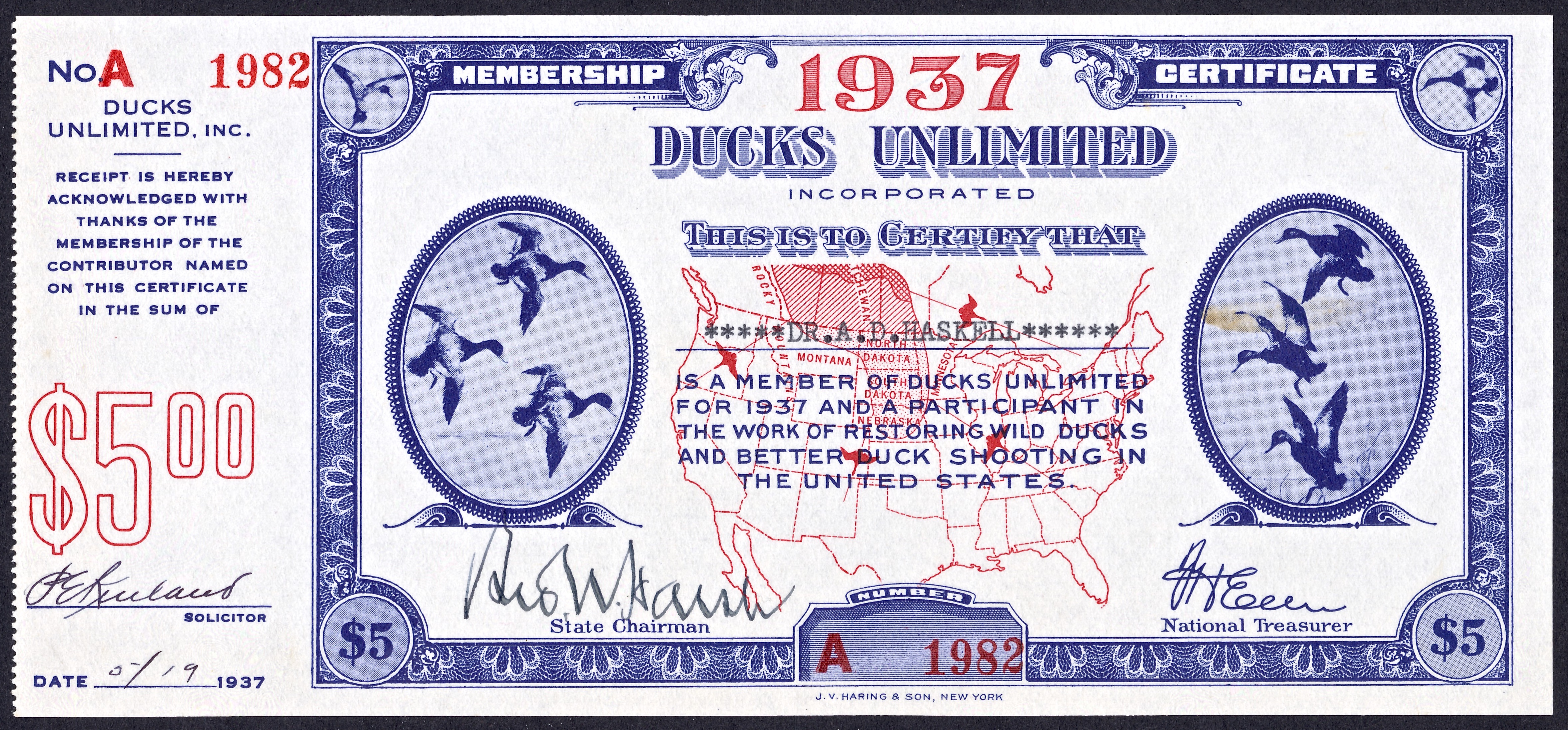 1937 (First year) Ducks Unlimited Membership Certificate 