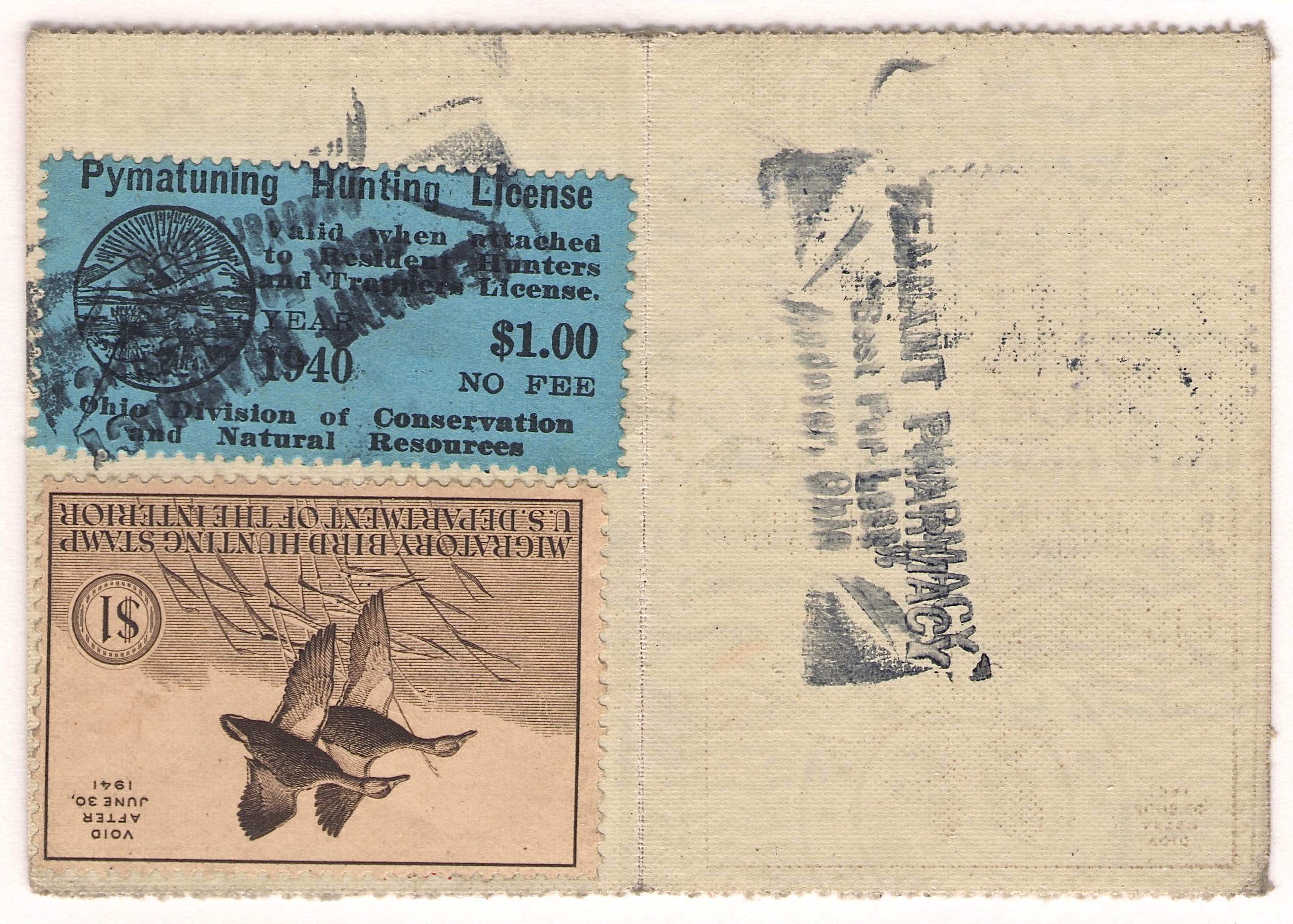 1940 Pymatuning waterfowl stamp affixed to license and cancelled "Tennant Pharmacy" 