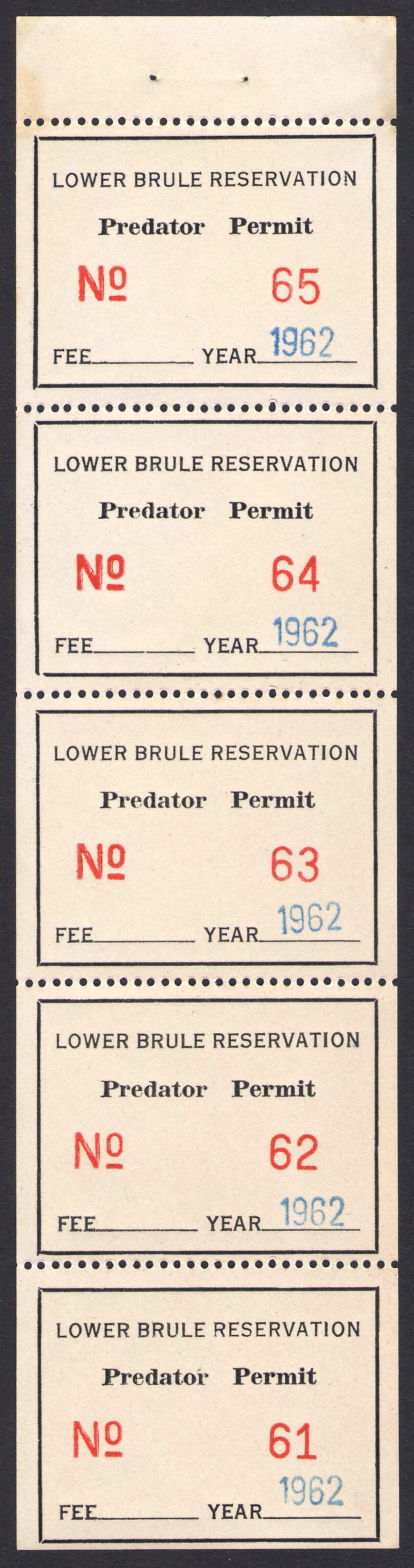 1962 Lower Brule Predator complete pane of five 