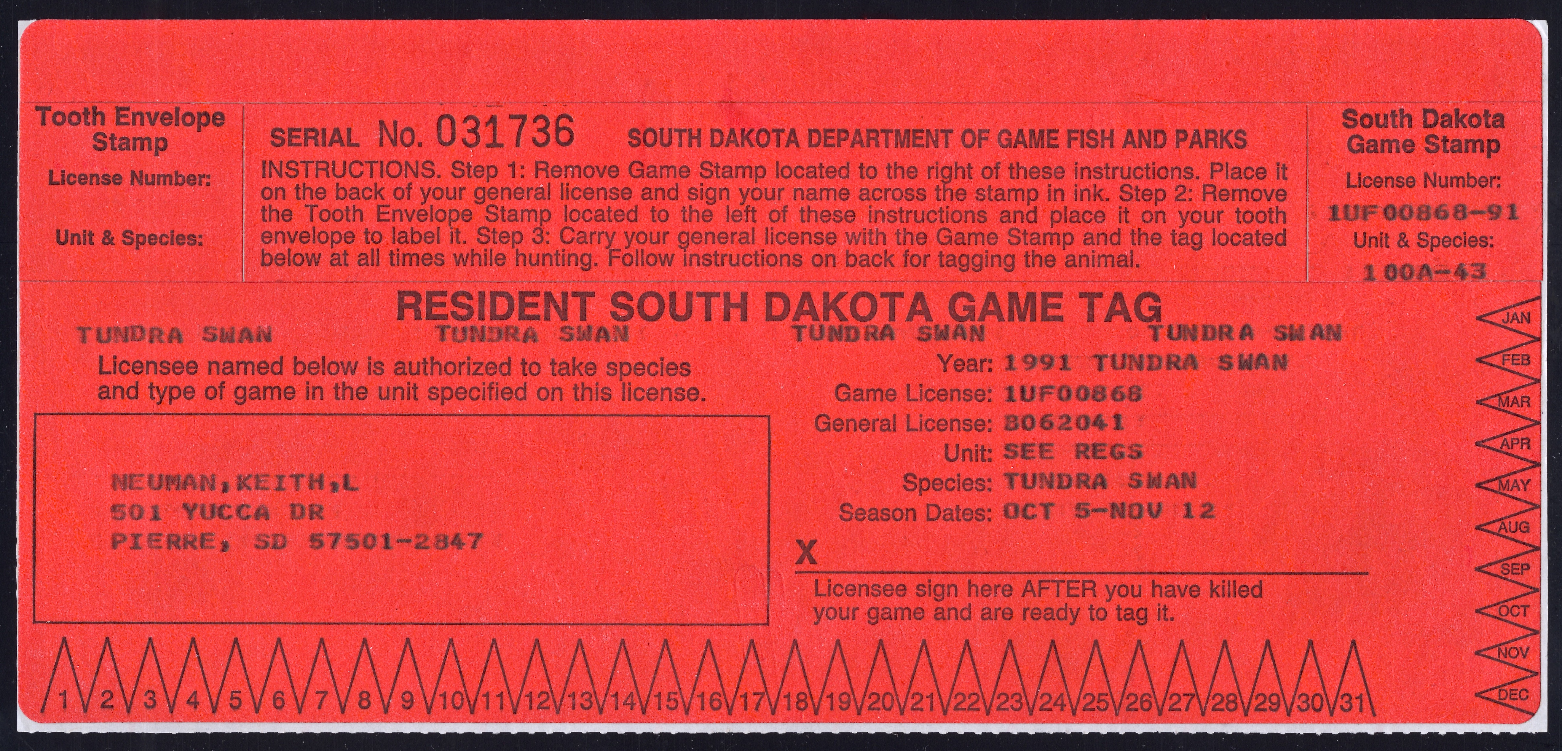 1991 South Dakota Tundra Swan, unused as issued