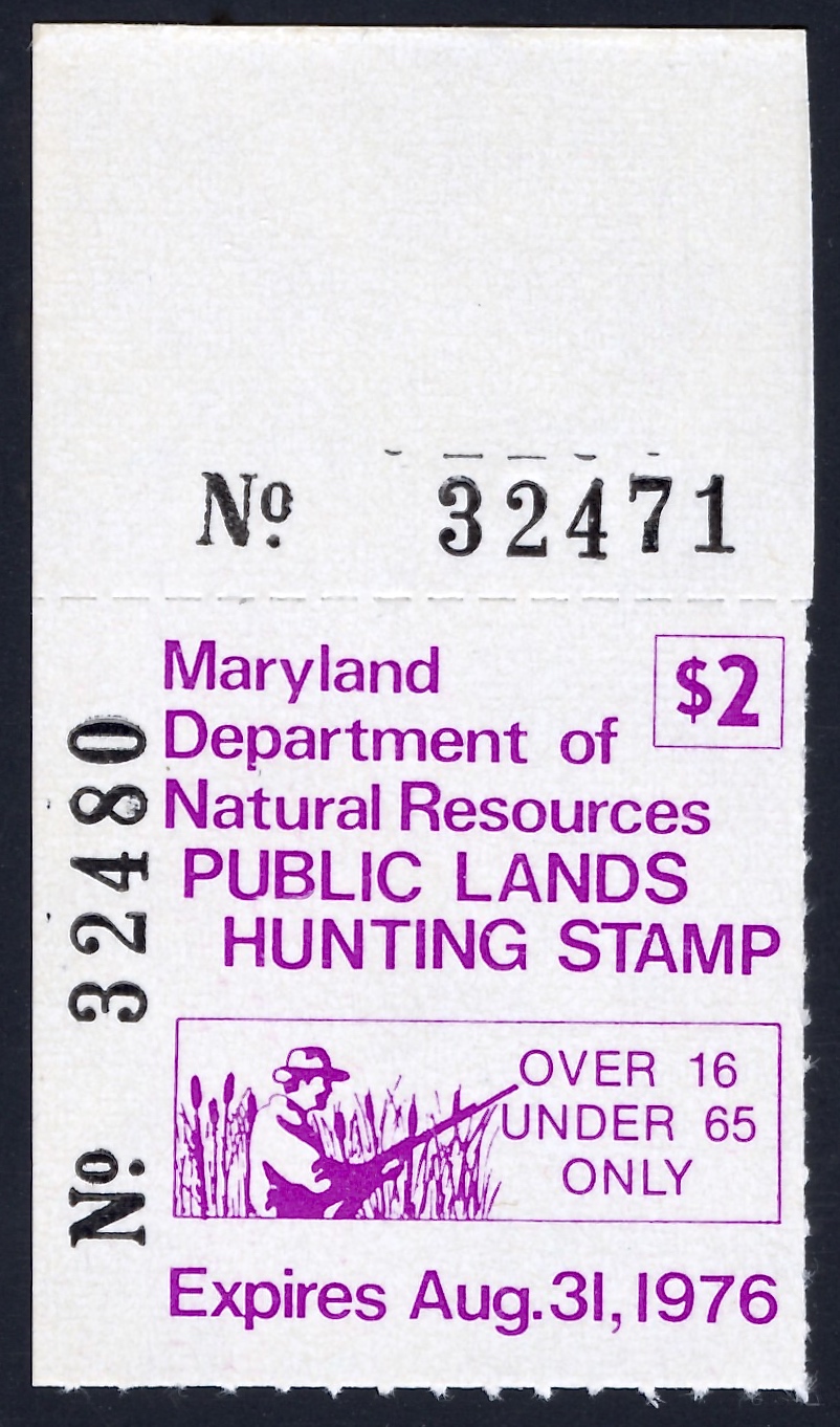 1975-76 Maryland Public Lands Hunting stamp with top selvage and plate number
