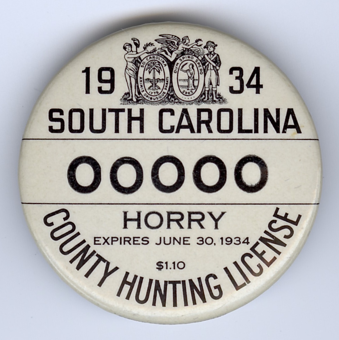 1934 South Carolina Hunting License sample button for Horry County