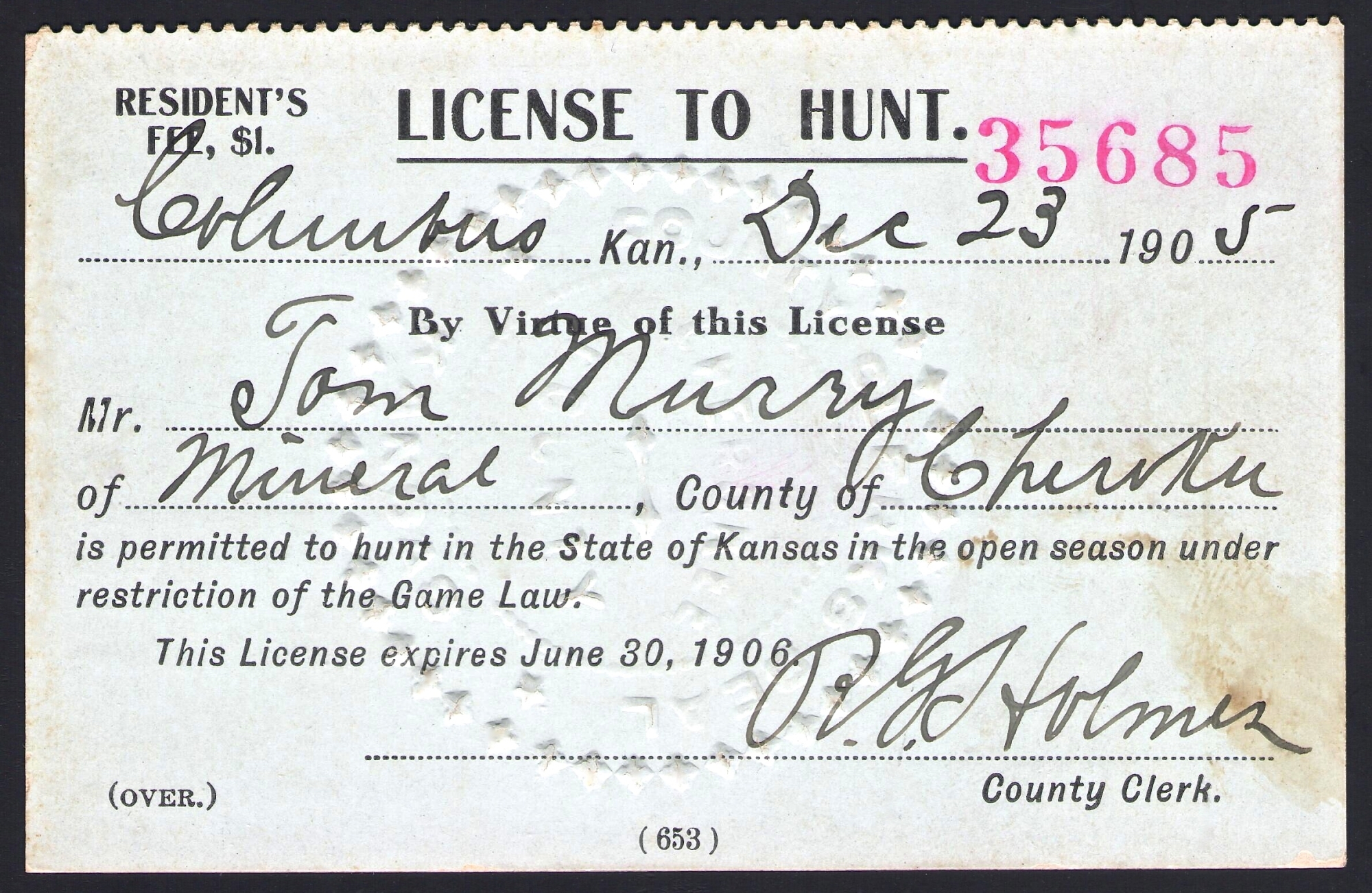 1905 1910 Kansas Licenses to Hunt Waterfowl Stamps and More