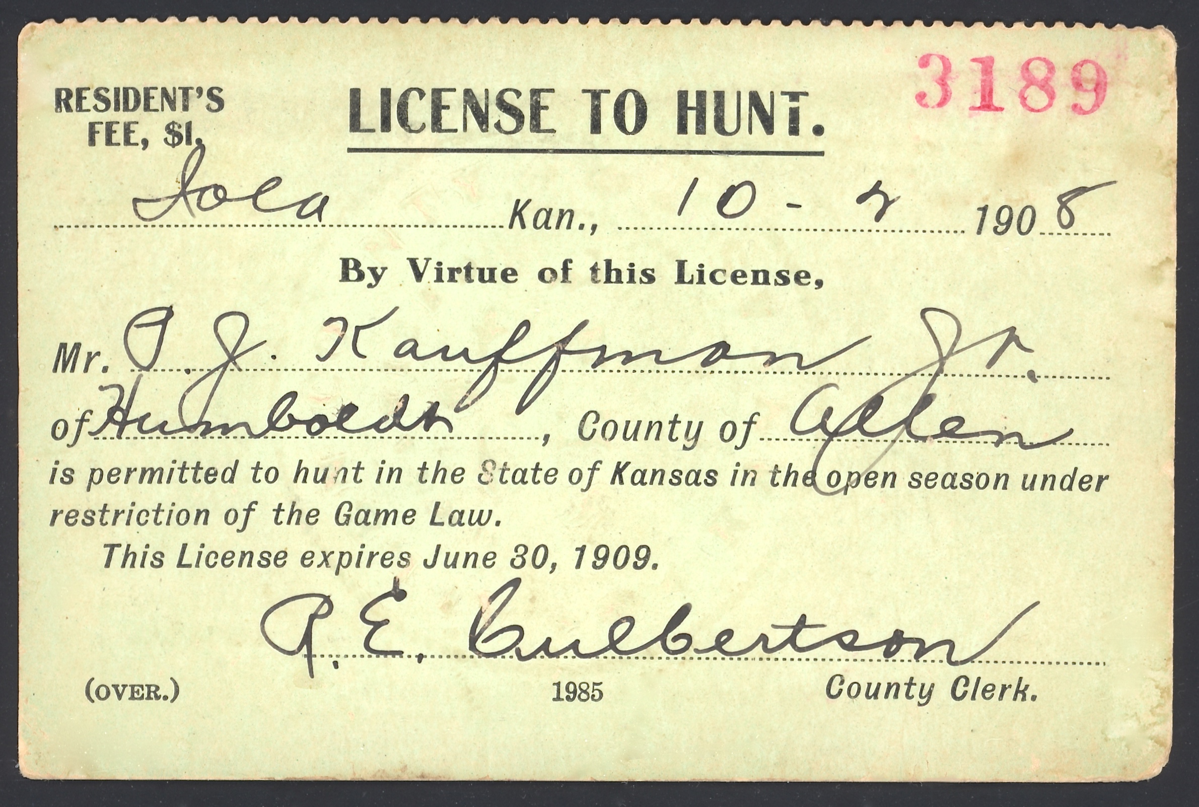 1908 Kansas hunting license Waterfowl Stamps and More