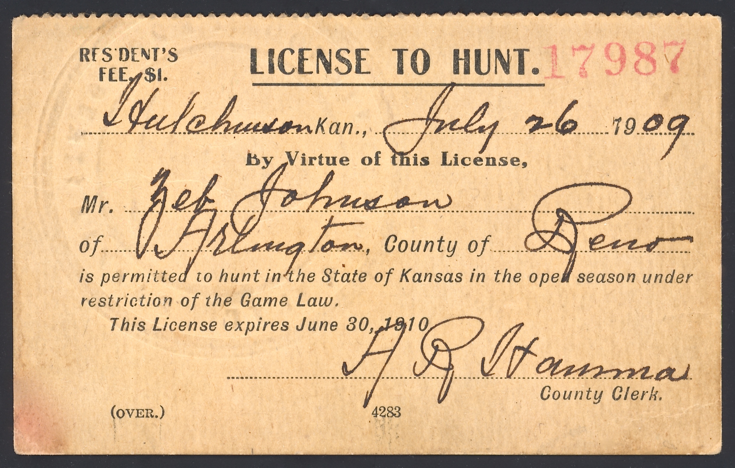 1909 Kansas hunting license Waterfowl Stamps and More