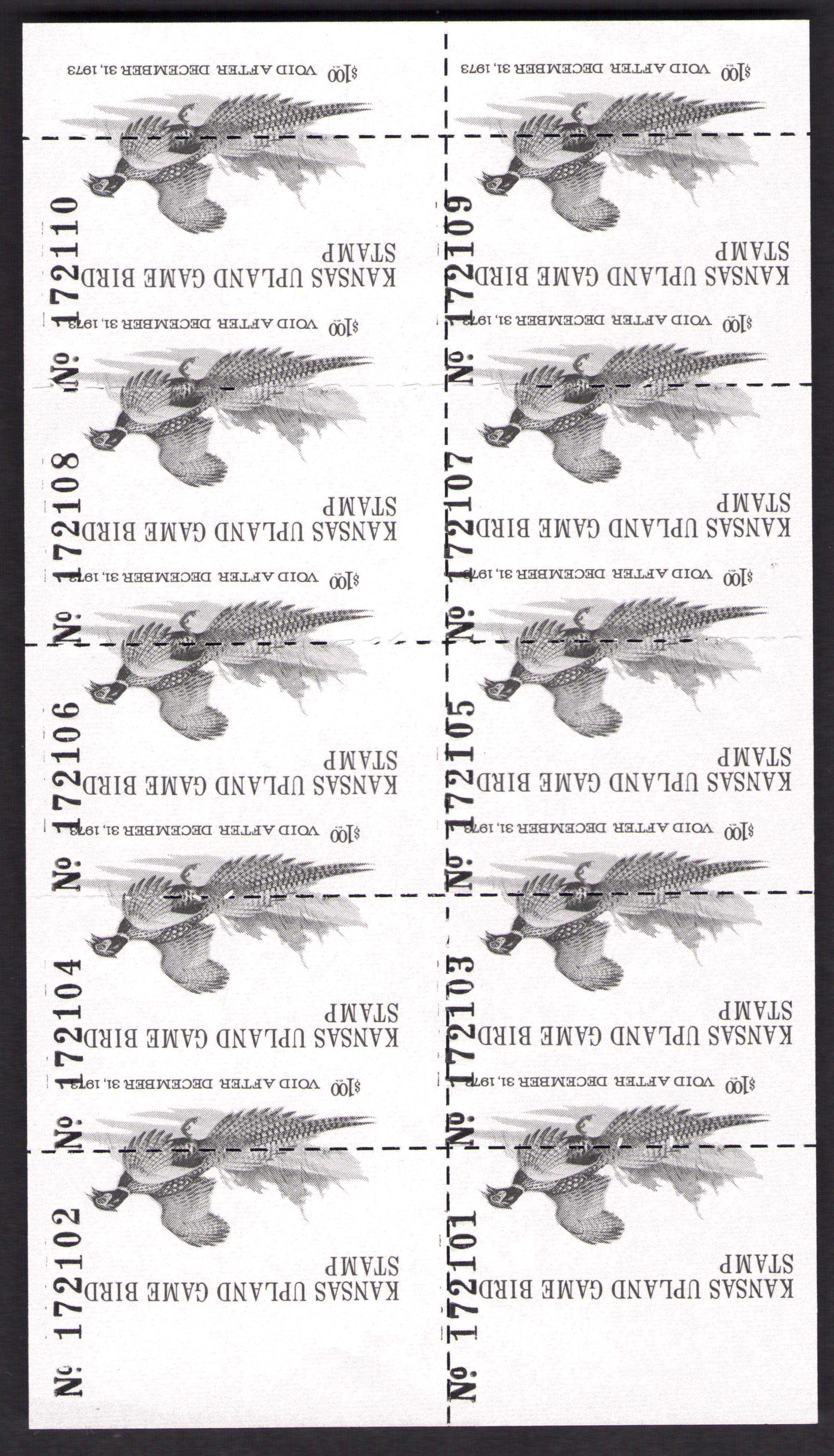 Error – 1973 Kansas Upland Game Bird stamp inverted pane