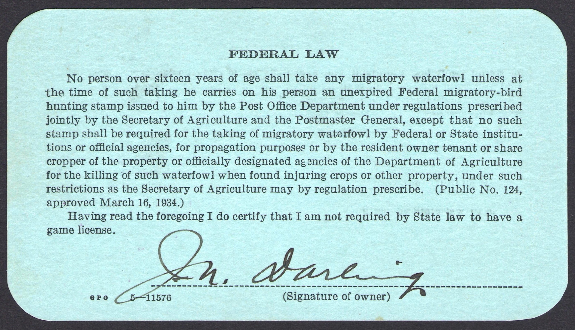 RW1 on Form 3333, cancelled August 22, 1934 – reverse showing Darling's signature