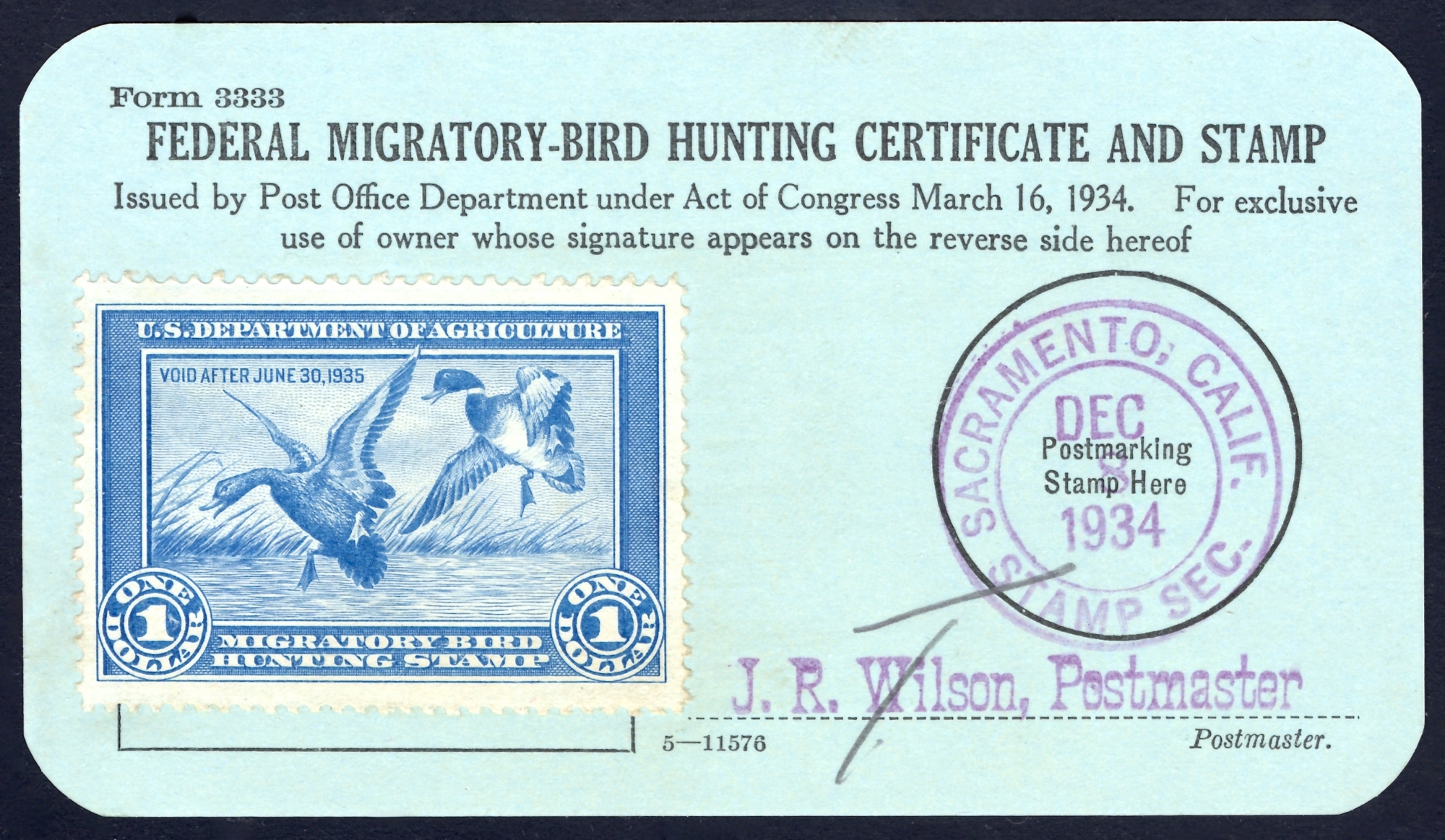 RW1 on Form 3333, cancelled December 8 at Sacrament, California (STAMP SECTION)