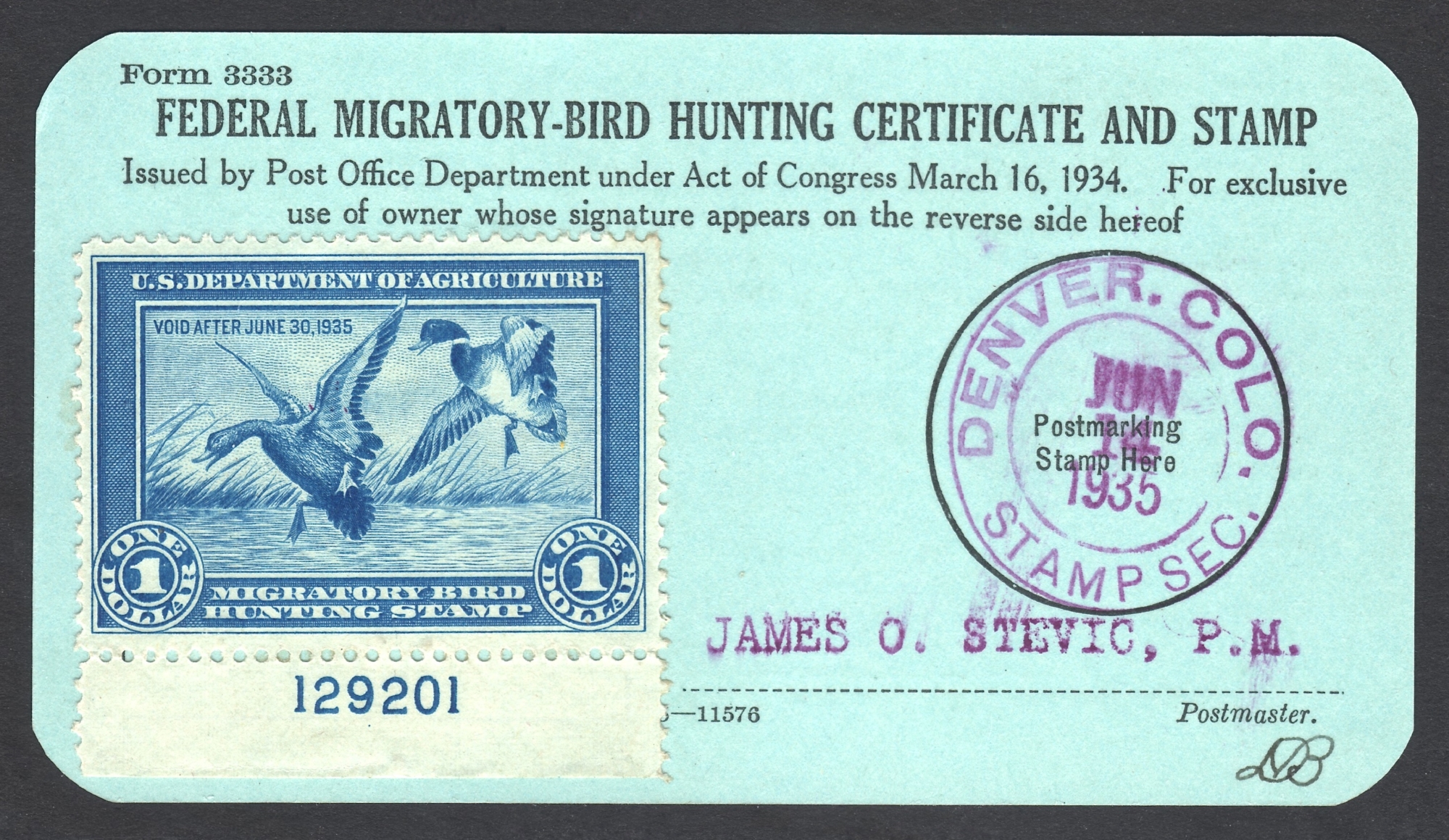 RW1 on Form 3333, cancelled June 14, 1935 at Denver, Colorado (STAMP SECTION)