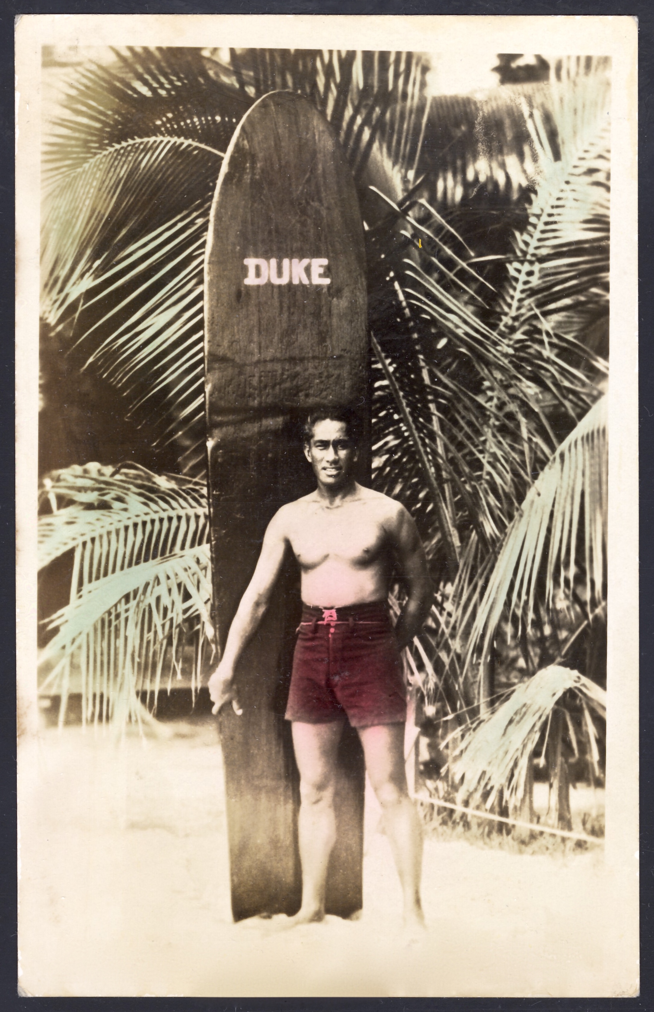 Real Photo Duke Kahanamoku Older With Surfboaed Hand Colored