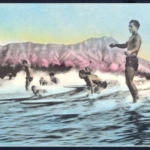 Sunny Scenes H-803-K "Surf-boat Riding on the long-running waves from out beyond the coral reef at Waikiki", unused