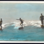 Hand colored Real Photo "Surf-Board Riding - Waikiki. Honolulu by Tom Blake 1931-32