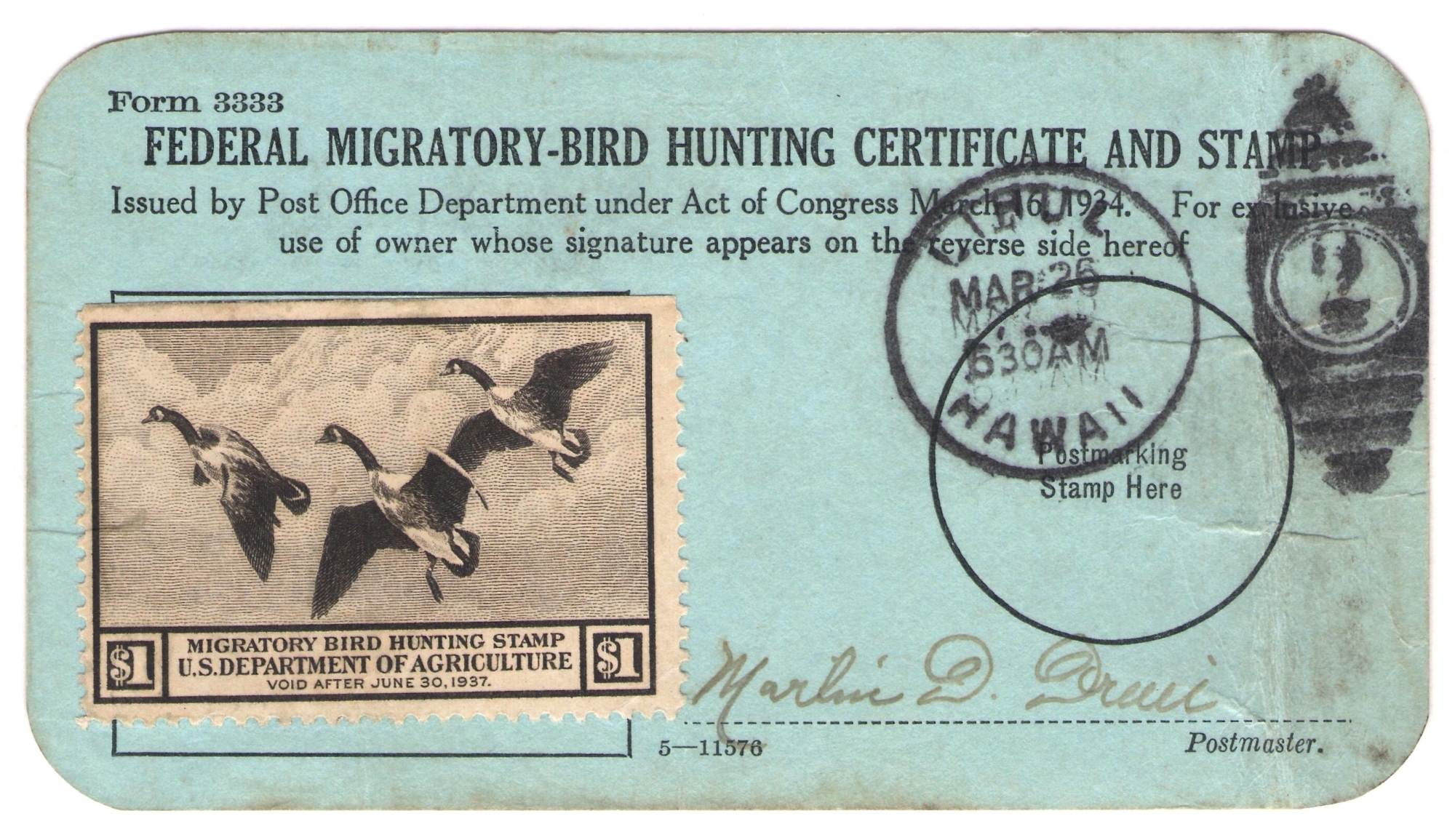 RW3 on Form 3333 cancelled March 26, 1937 at Lihue, Hawaii