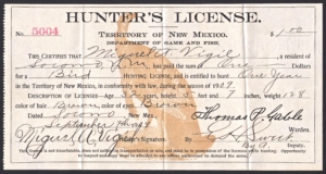 1909 Territory of New Mexico Hunter's License
