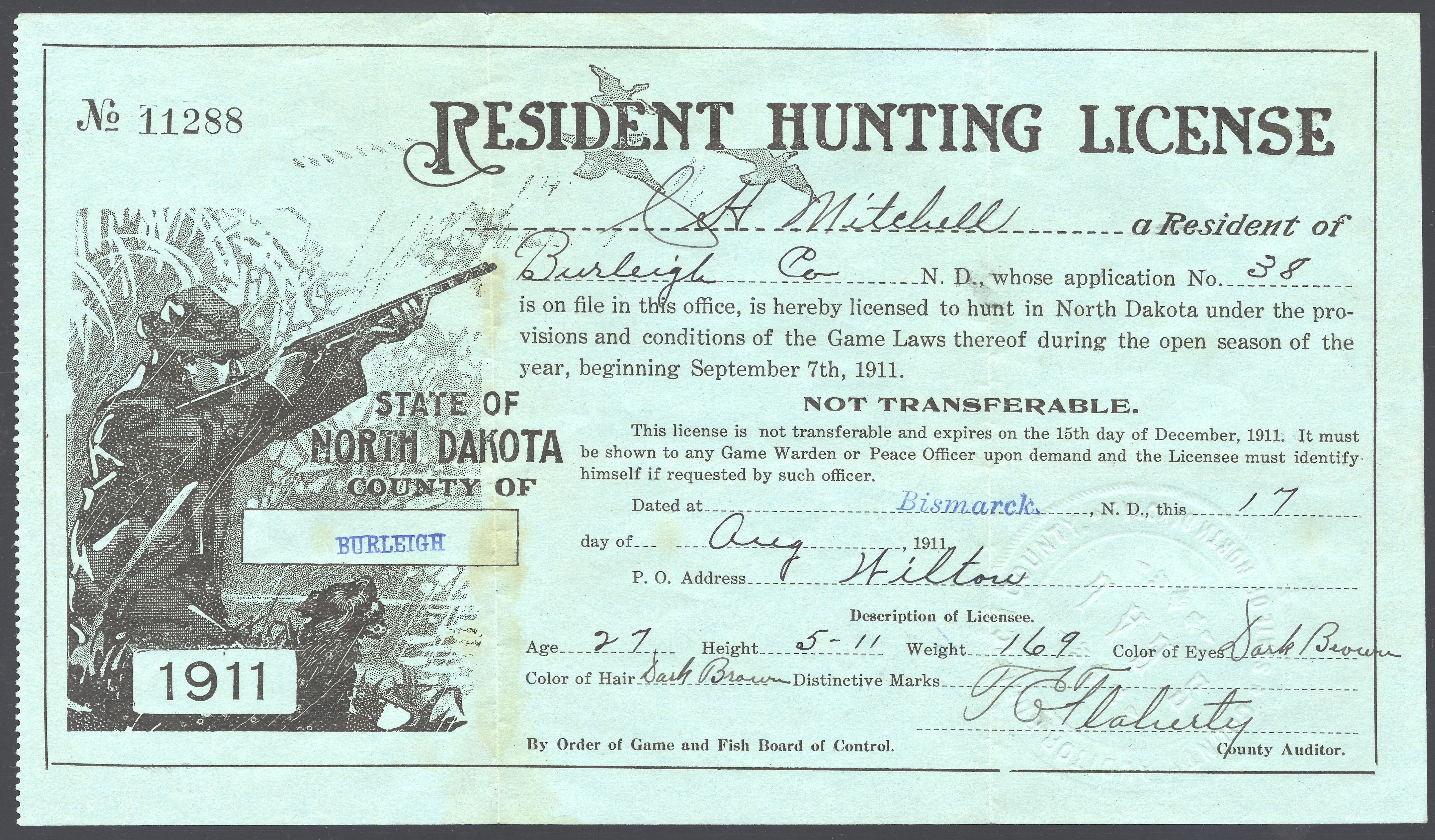 1911 North Dakota Resident Hunting License