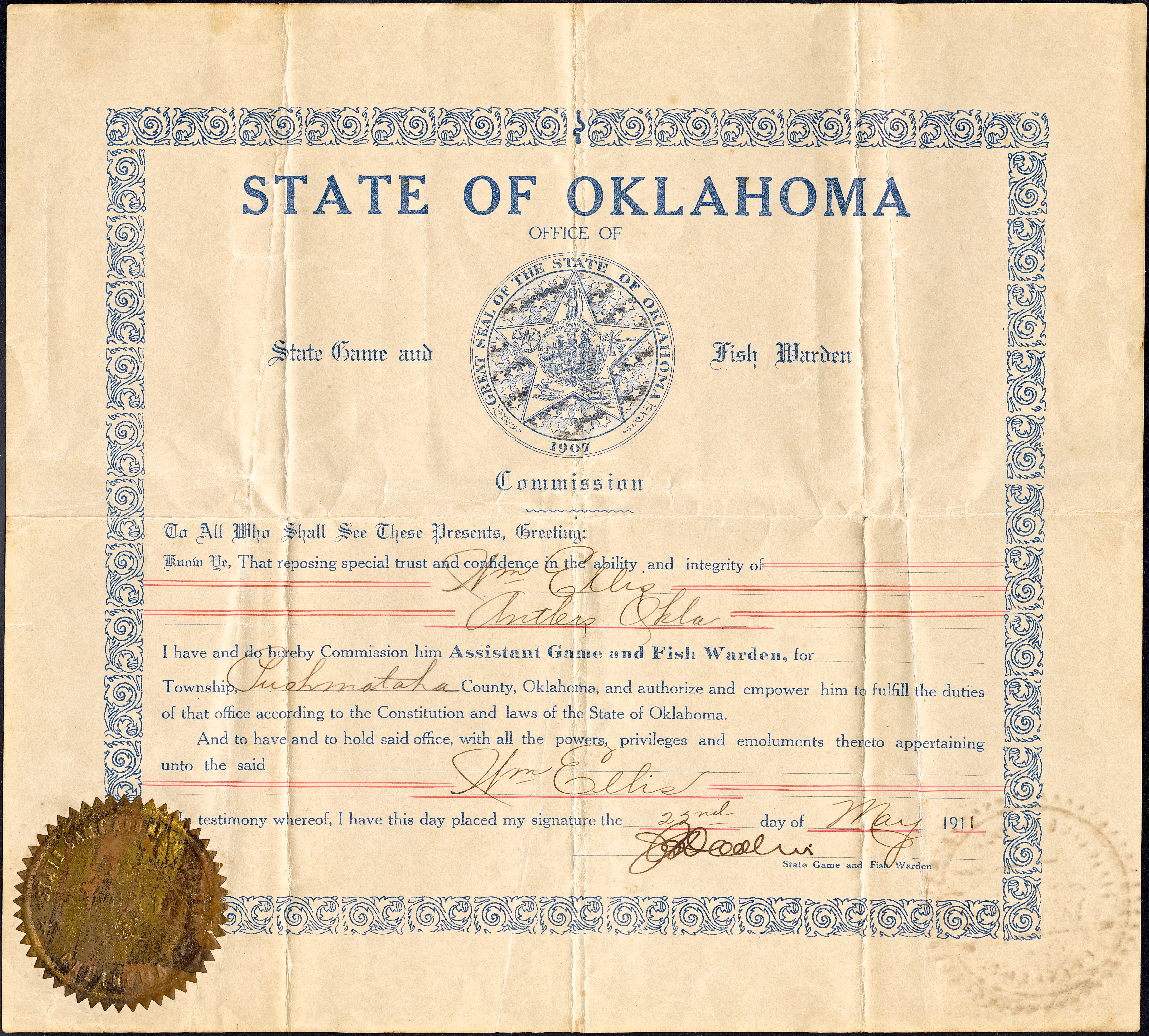 1911 Oklahoma Assistant Game and Fish Warden Commission