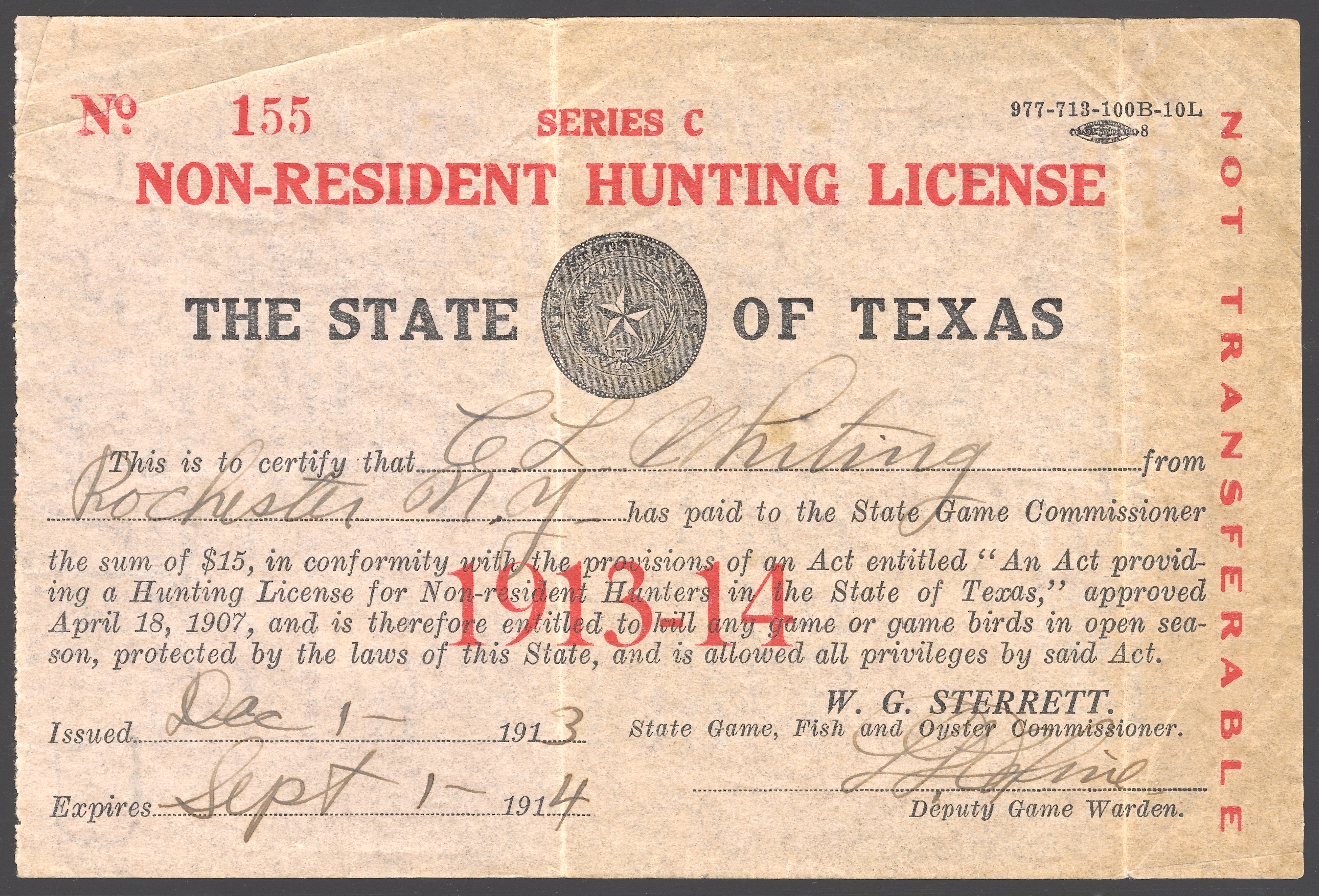 1913-14 Texas Non Resident Hunting License