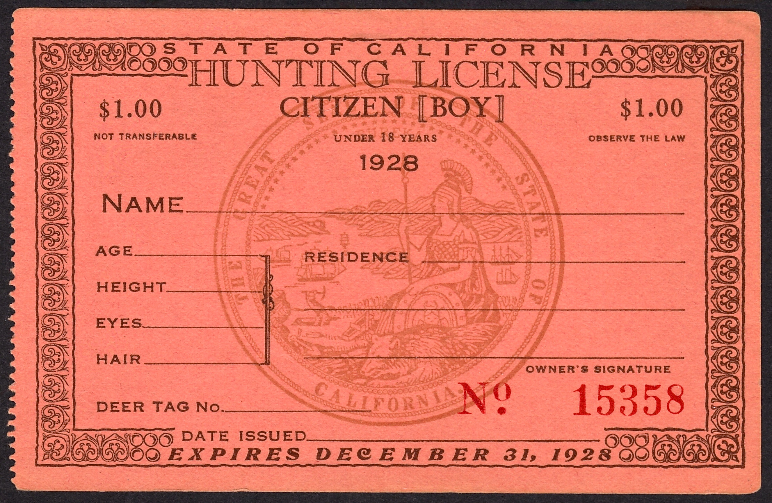 1928 California BOY Hunting License, unused